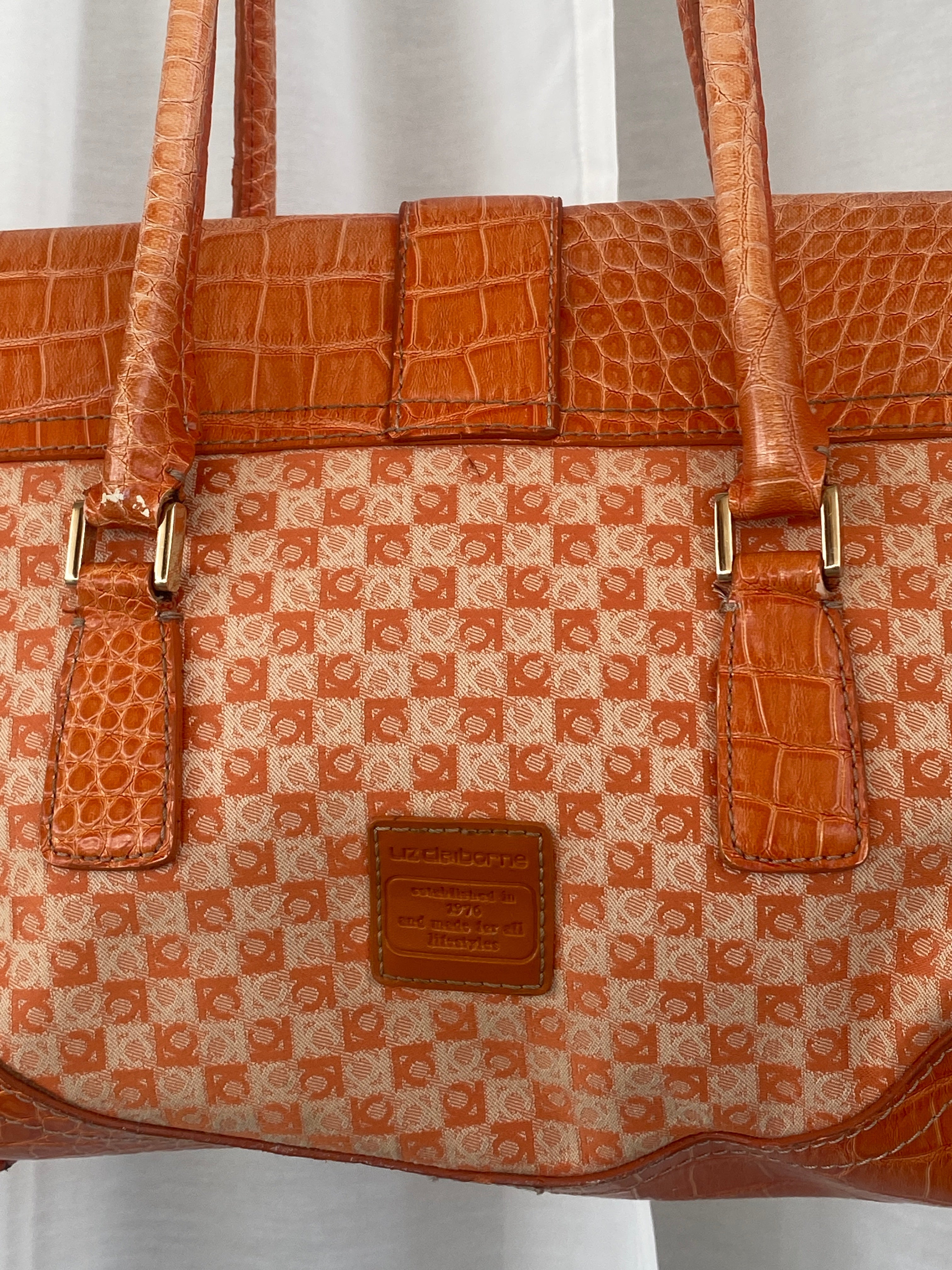 Liz Claiborne NYC Signature Fabric Orange Monogram with Faux Croc Leather Print Shoulder Bag - Balagan Vintage Handbags 00s, 90s, bag, NEW IN, red leather, shoulder bag, Y2K