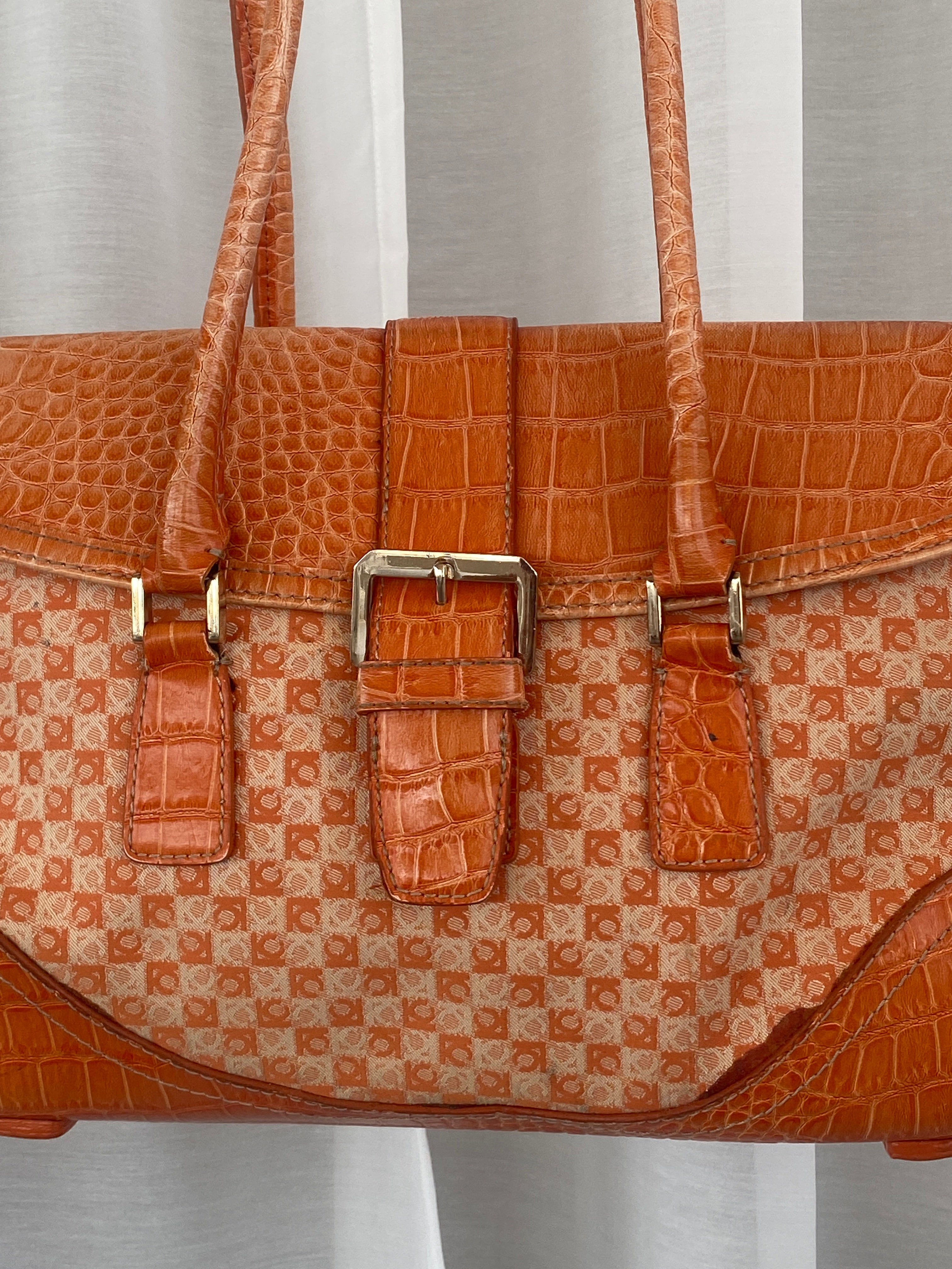 Liz Claiborne NYC Signature Fabric Orange Monogram with Faux Croc Leather Print Shoulder Bag - Balagan Vintage Handbags 00s, 90s, bag, NEW IN, red leather, shoulder bag, Y2K