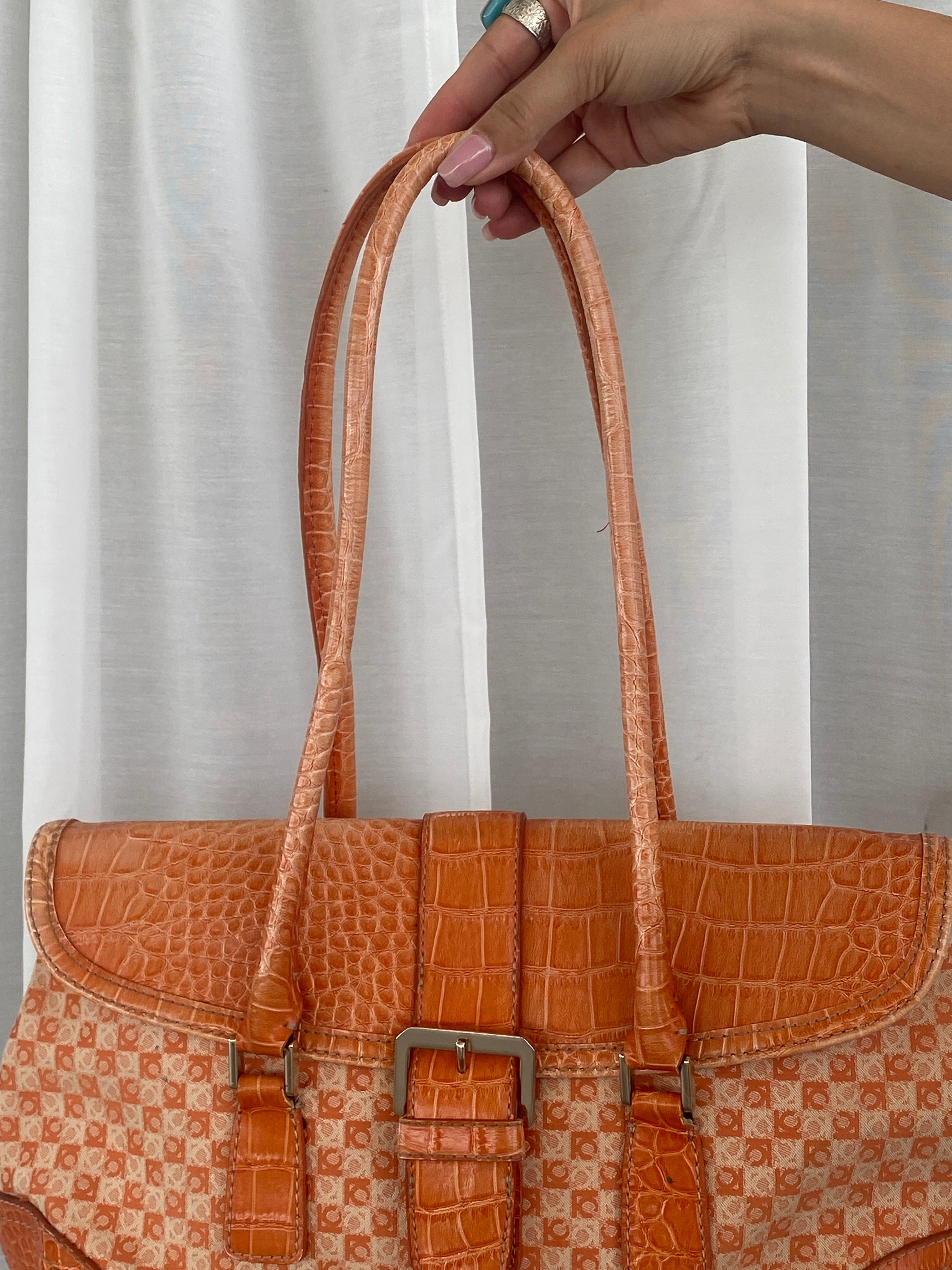 Liz Claiborne NYC Signature Fabric Orange Monogram with Faux Croc Leather Print Shoulder Bag - Balagan Vintage Handbags 00s, 90s, bag, NEW IN, red leather, shoulder bag, Y2K