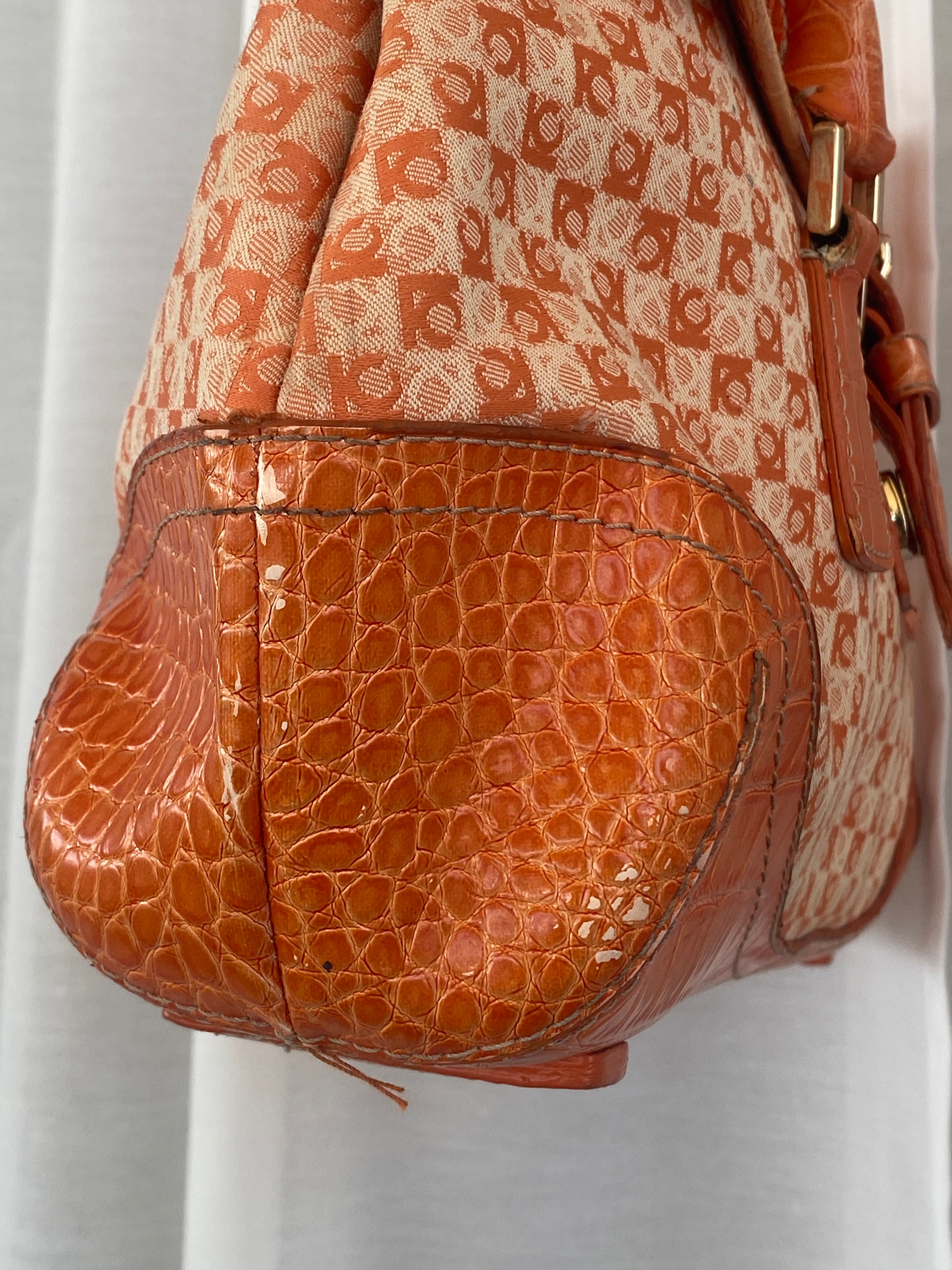 Liz Claiborne NYC Signature Fabric Orange Monogram with Faux Croc Leather Print Shoulder Bag - Balagan Vintage Handbags 00s, 90s, bag, NEW IN, red leather, shoulder bag, Y2K