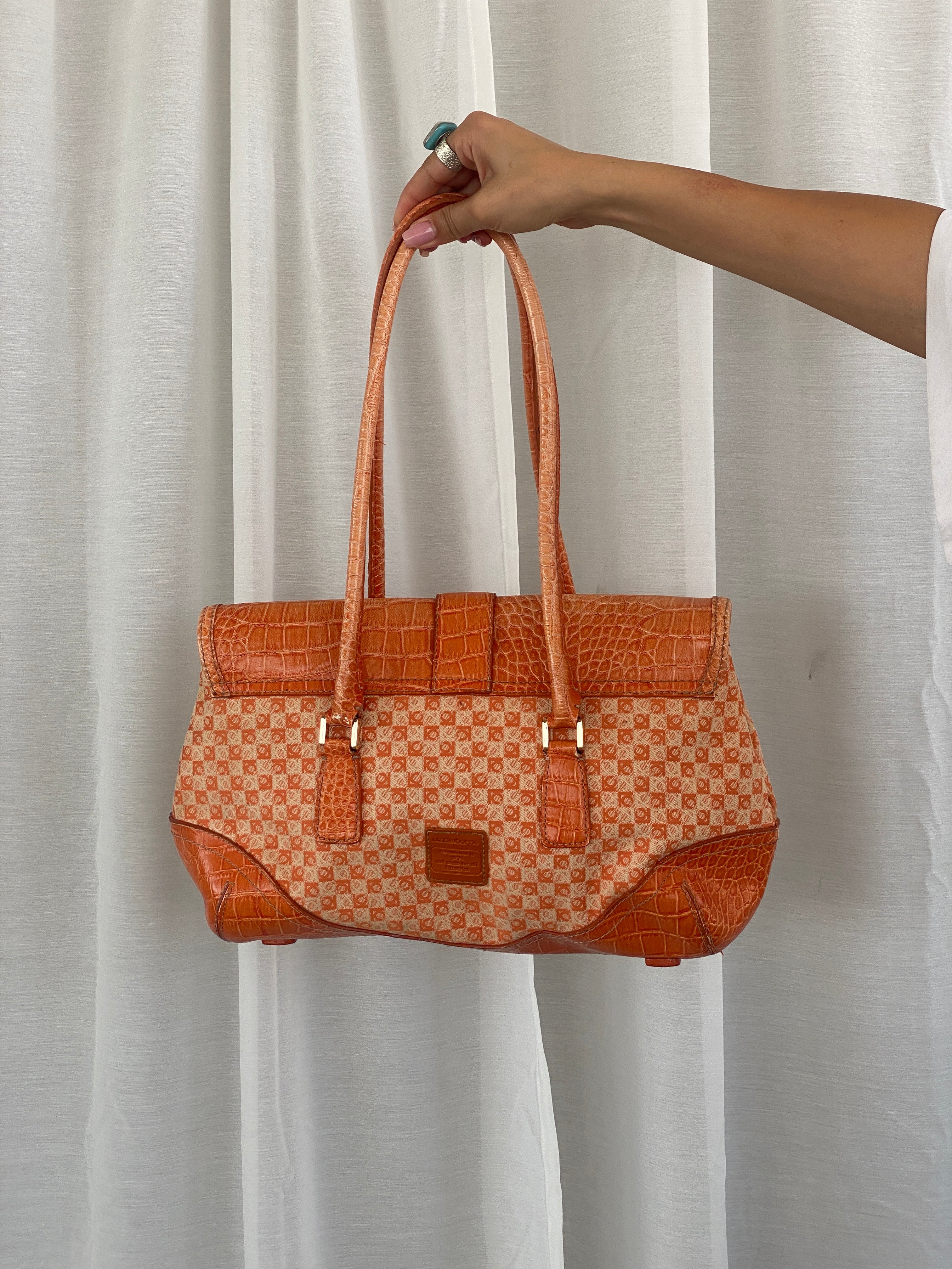 Liz Claiborne NYC Signature Fabric Orange Monogram with Faux Croc Leather Print Shoulder Bag - Balagan Vintage Handbags 00s, 90s, bag, NEW IN, red leather, shoulder bag, Y2K