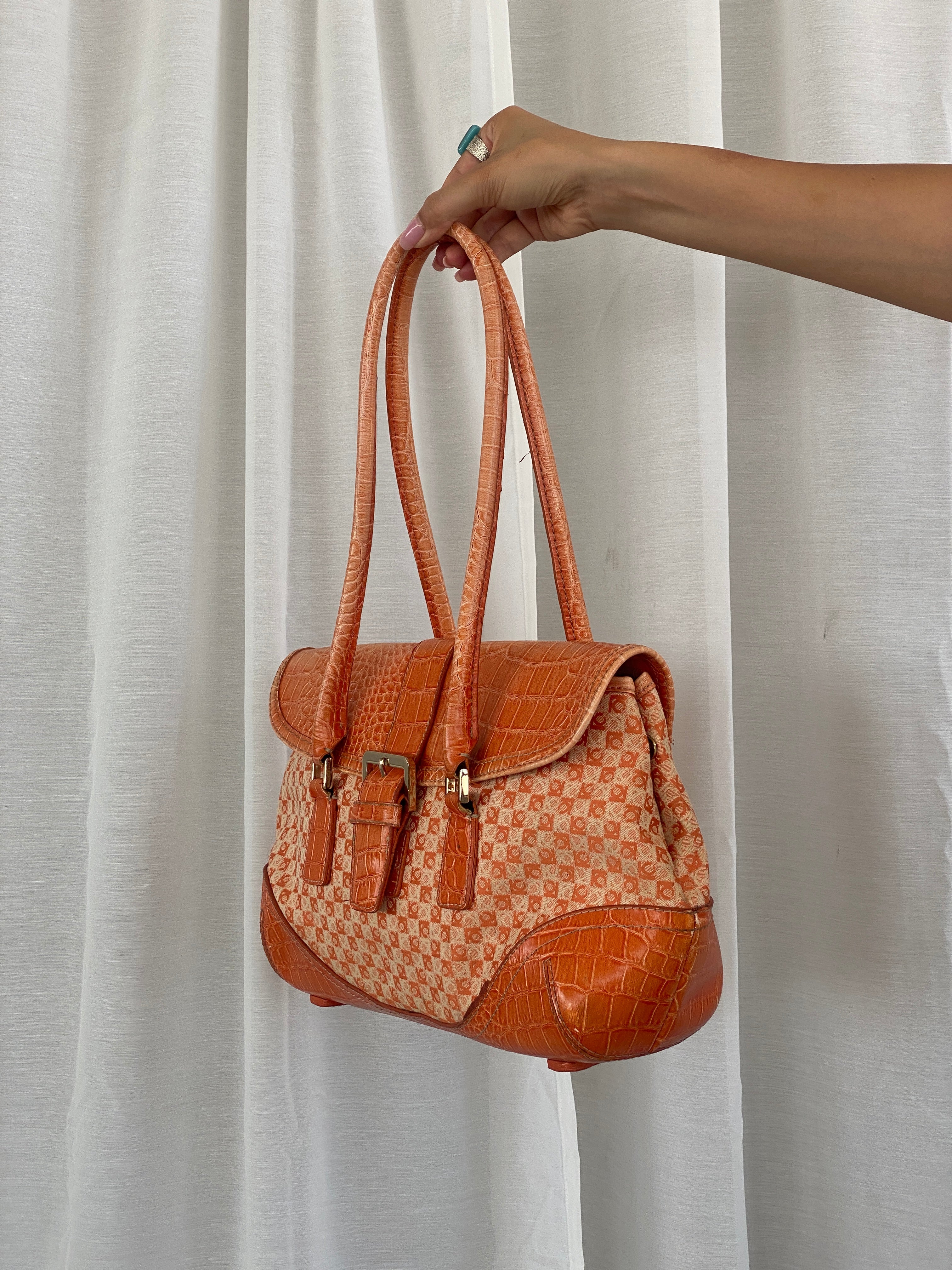 Liz Claiborne NYC Signature Fabric Orange Monogram with Faux Croc Leather Print Shoulder Bag - Balagan Vintage Handbags 00s, 90s, bag, NEW IN, red leather, shoulder bag, Y2K