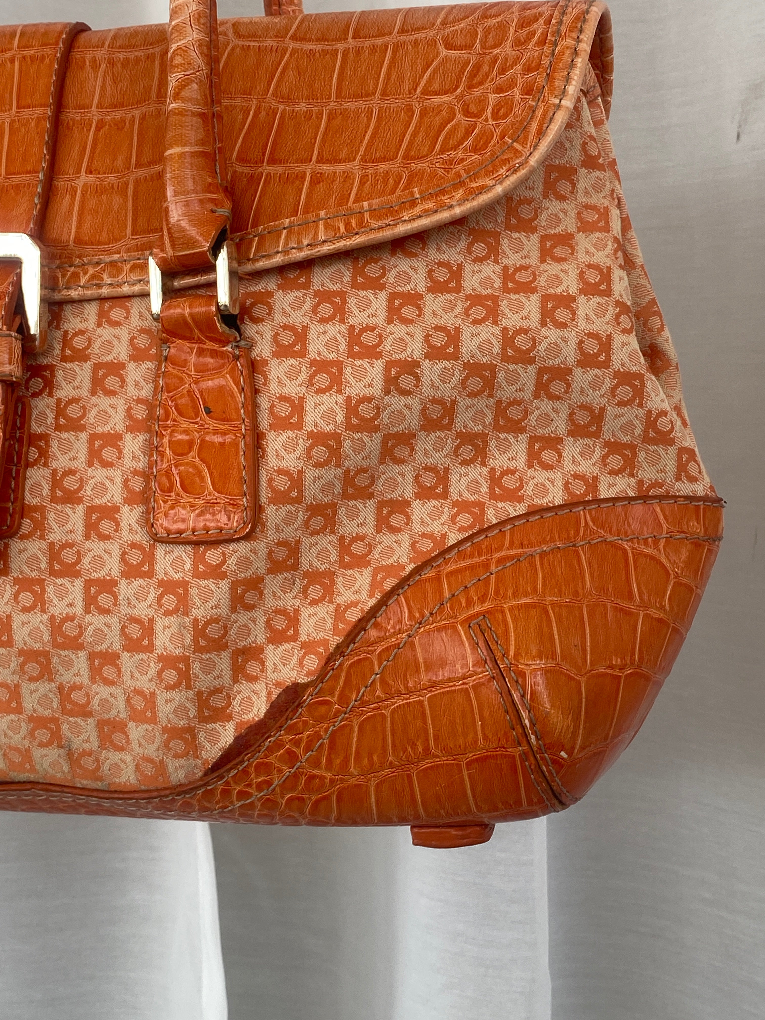 Liz Claiborne NYC Signature Fabric Orange Monogram with Faux Croc Leather Print Shoulder Bag - Balagan Vintage Handbags 00s, 90s, bag, NEW IN, red leather, shoulder bag, Y2K