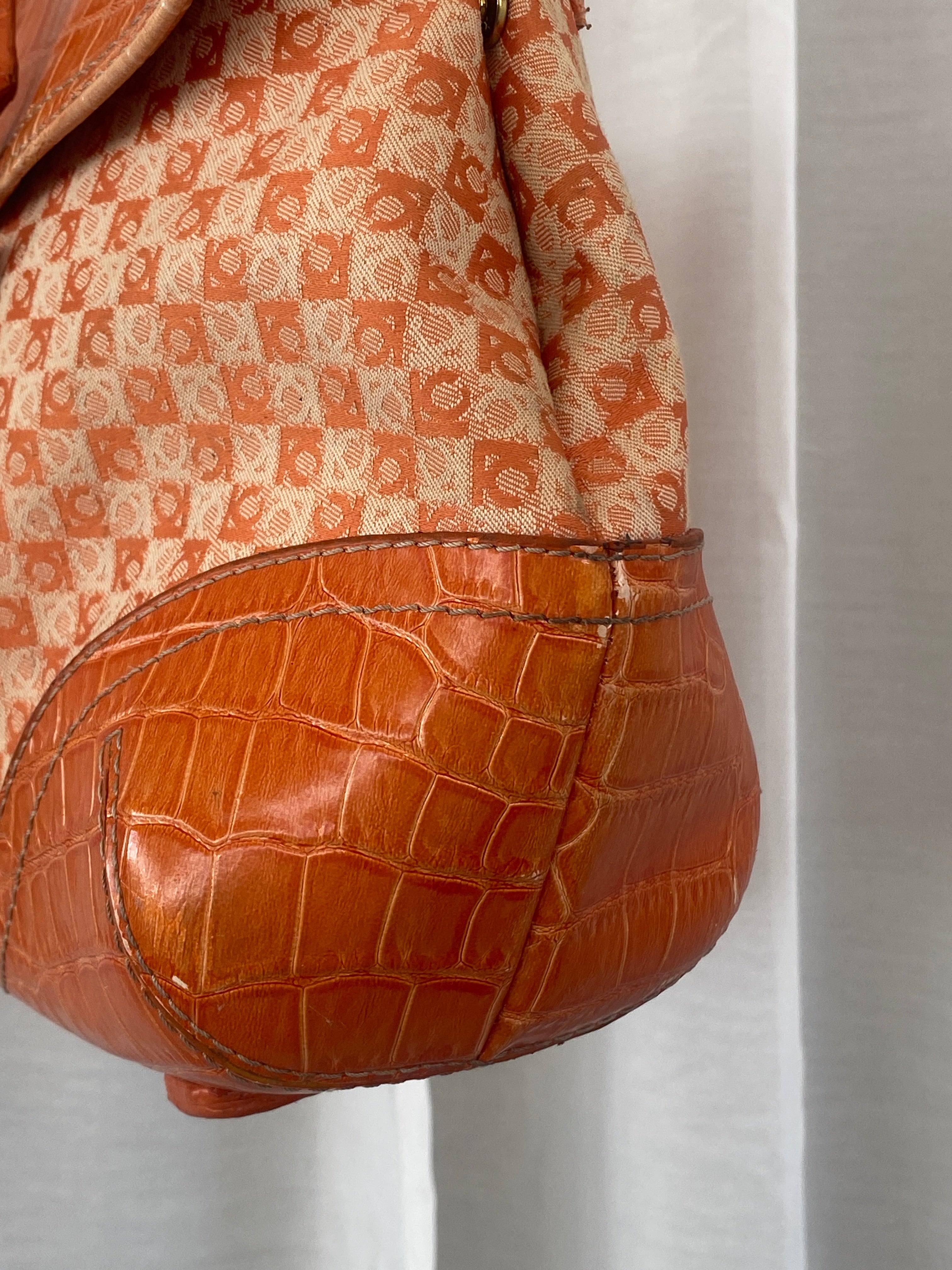 Liz Claiborne NYC Signature Fabric Orange Monogram with Faux Croc Leather Print Shoulder Bag - Balagan Vintage Handbags 00s, 90s, bag, NEW IN, red leather, shoulder bag, Y2K