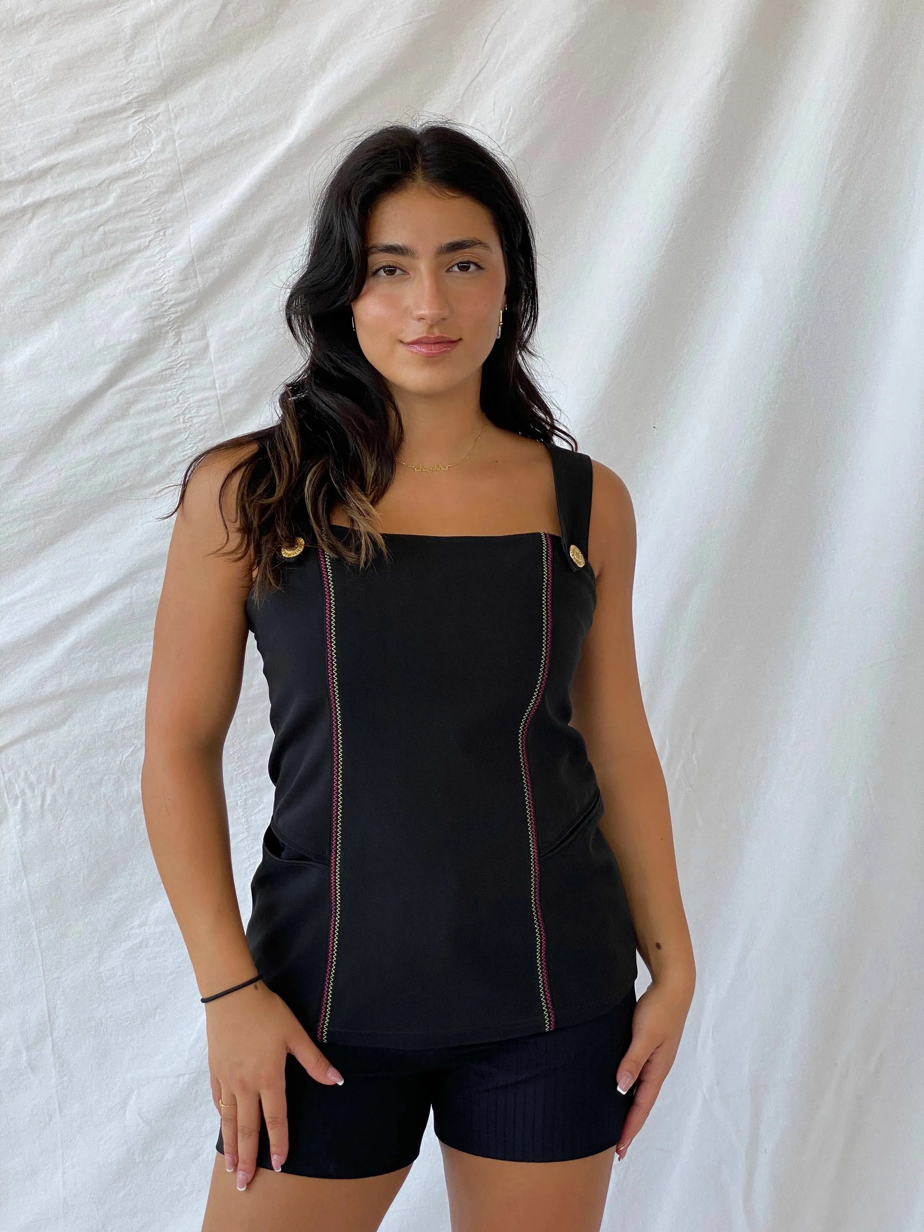 Louis Feraud Tank With Pink & Green Stitching - M - Balagan Vintage Sleeveless Top 00s, formal, Lana, rare vintage, summer
