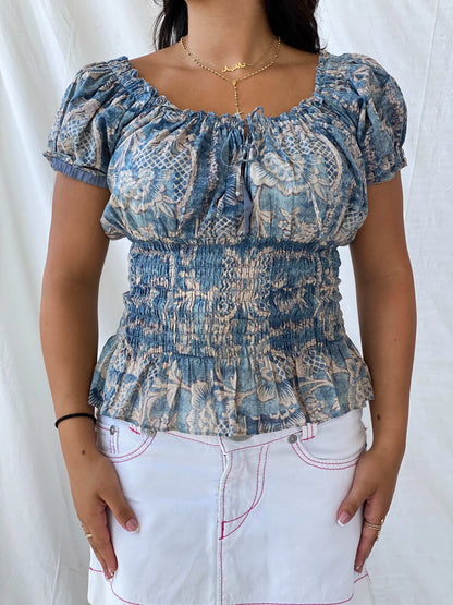 LRL Lauren JeansCo Cottage Core Blue Top - Balagan Vintage Half Sleeve Top 00s, floral top, Lana, summer, women top