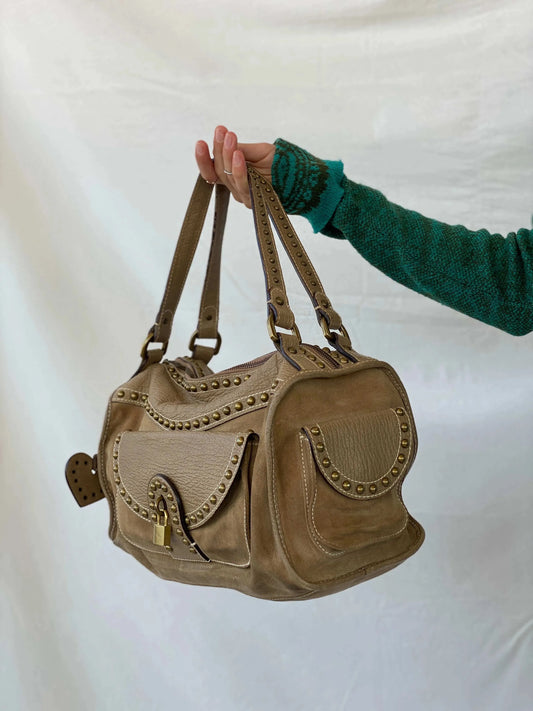 Luella Runway Studded Leather Suede Blend Satchel Duffel Bag - Balagan Vintage Handbags 90s, consignment, Sadouf