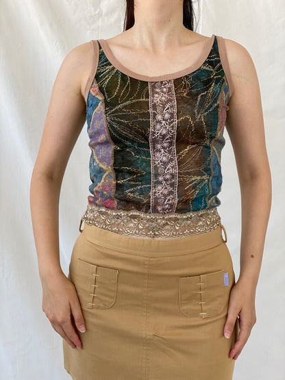Lulu H Paris Mesh Patchwork Lace Trim Indie Fairycore Tank Top - S - Balagan Vintage Sleeveless Top 00s, Ayah, beaded, embroidery, mesh, NEW IN, summer, women top