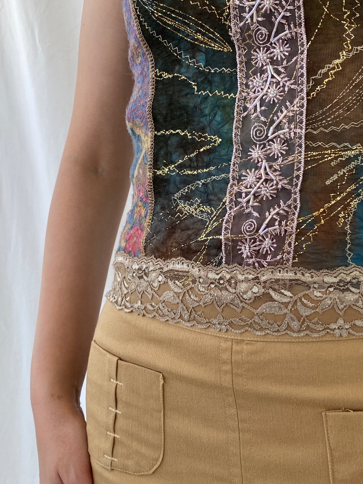 Lulu H Paris Mesh Patchwork Lace Trim Indie Fairycore Tank Top - S - Balagan Vintage Sleeveless Top 00s, Ayah, beaded, embroidery, mesh, NEW IN, summer, women top
