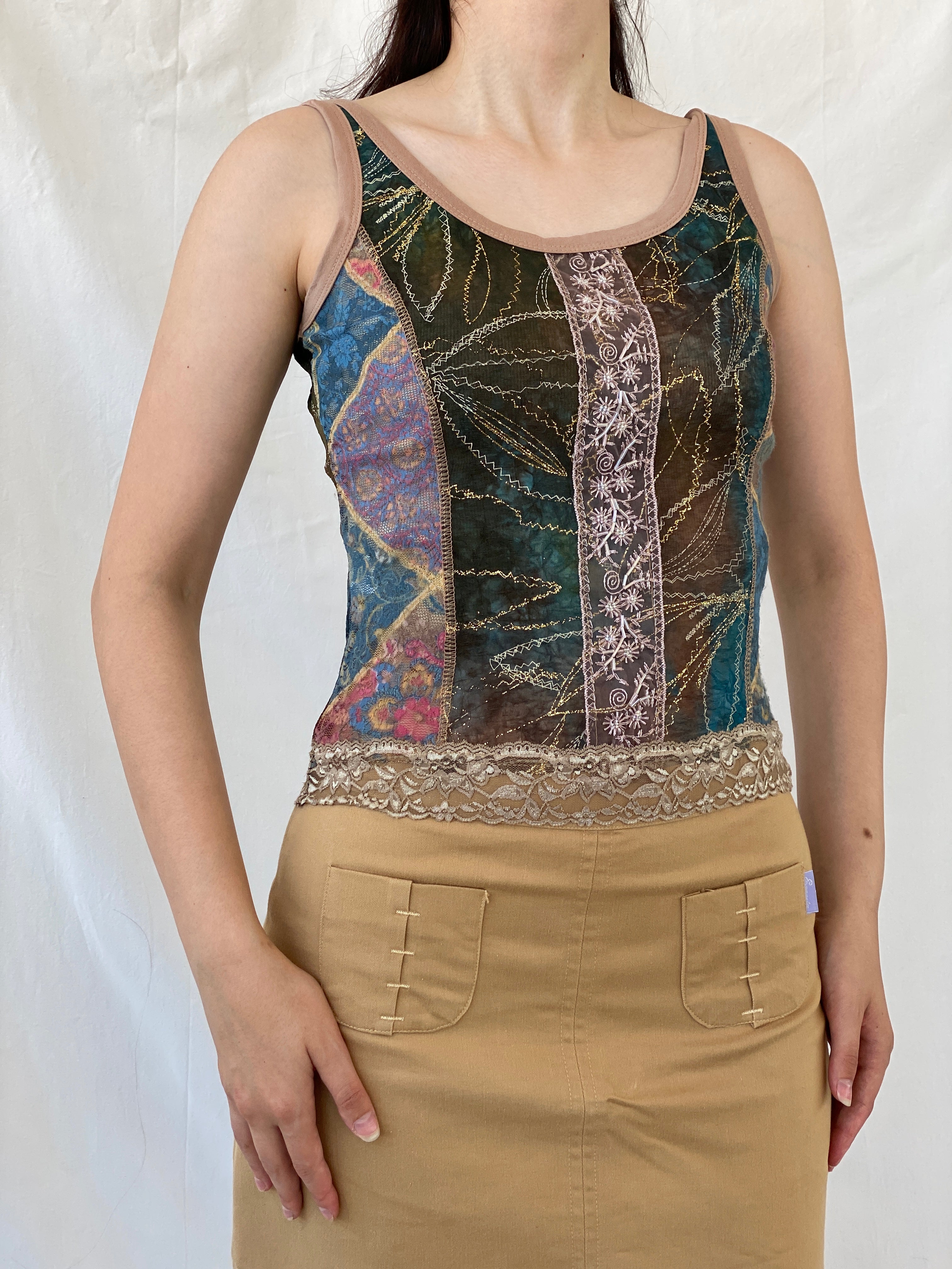 Lulu H Paris Mesh Patchwork Lace Trim Indie Fairycore Tank Top - S - Balagan Vintage Sleeveless Top 00s, Ayah, beaded, embroidery, mesh, NEW IN, summer, women top
