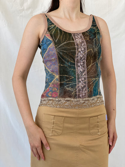 Lulu H Paris Mesh Patchwork Lace Trim Indie Fairycore Tank Top - S - Balagan Vintage Sleeveless Top 00s, Ayah, beaded, embroidery, mesh, NEW IN, summer, women top