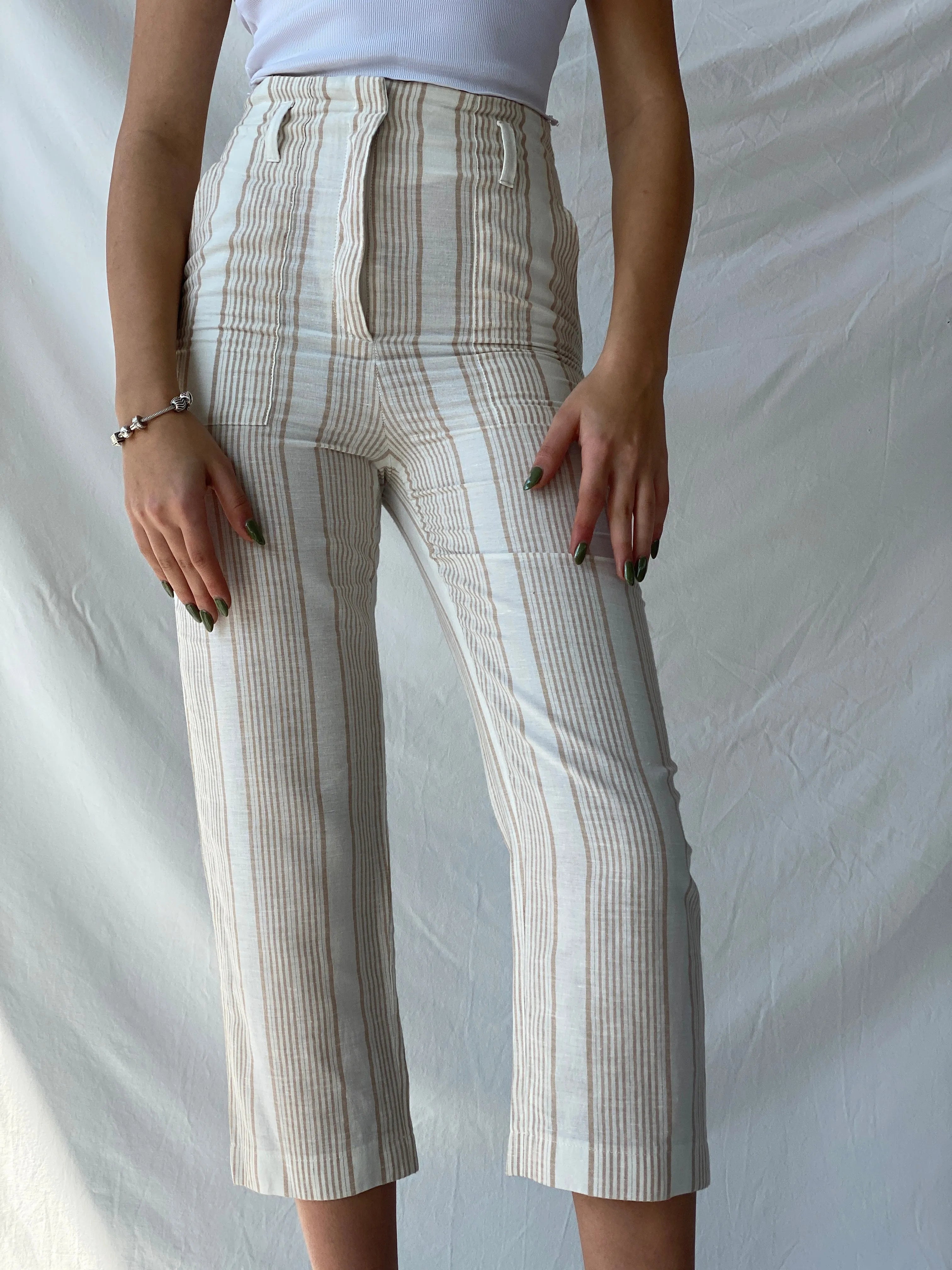 Marc Cain Striped White and Beige Linen Mix Summer Capris Pants - S - Balagan Vintage Pants 00s, consignment, Melika, Syntia