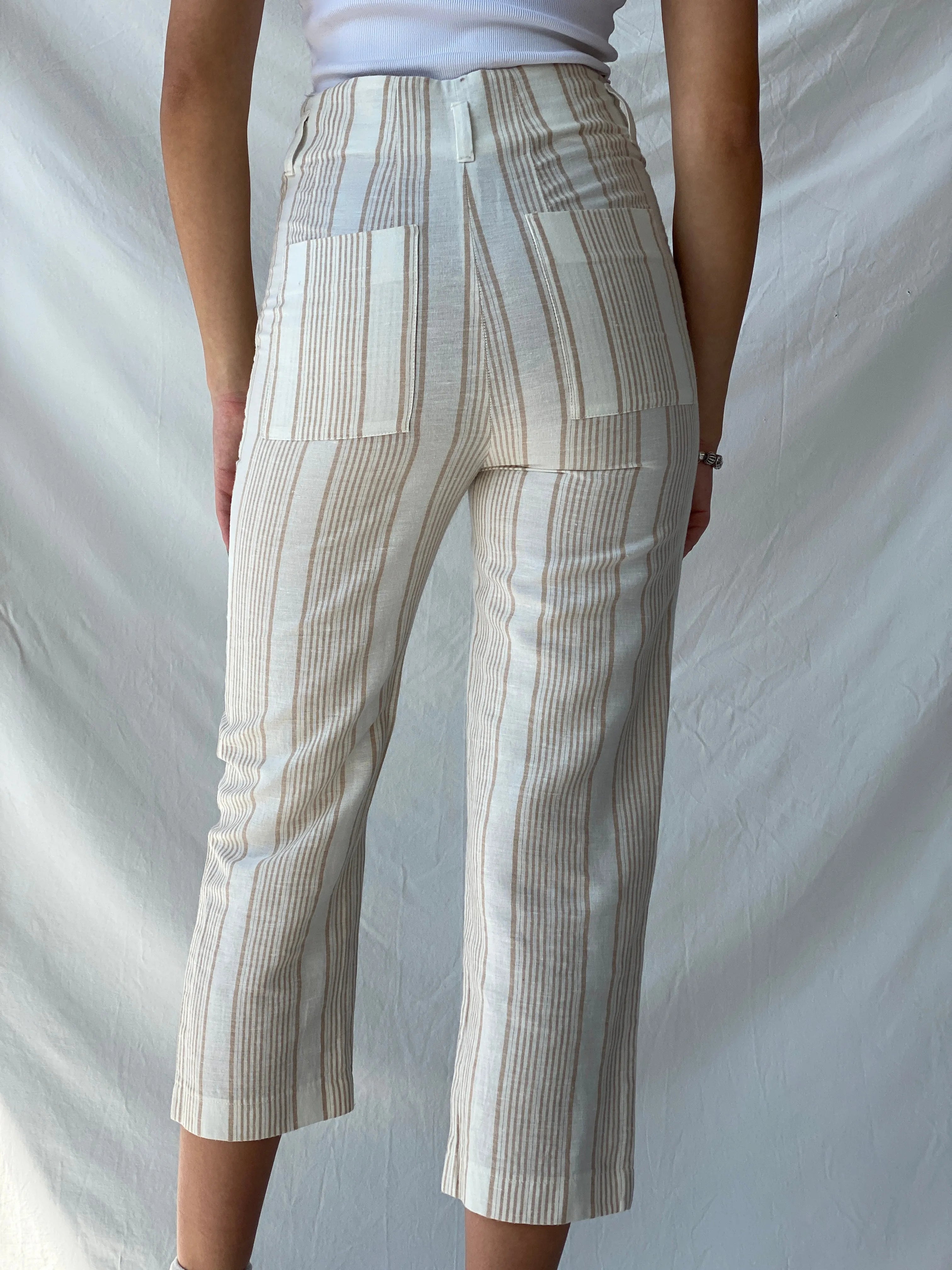 Marc Cain Striped White and Beige Linen Mix Summer Capris Pants - S - Balagan Vintage Pants 00s, consignment, Melika, Syntia