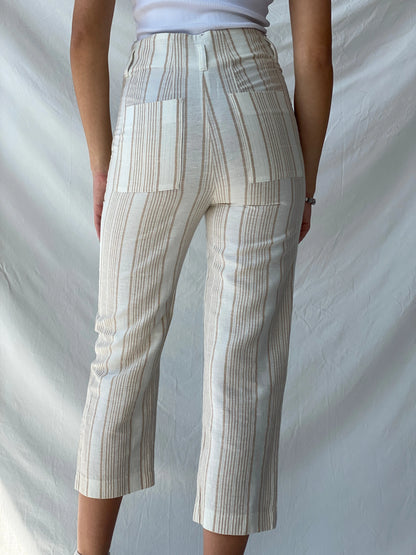 Marc Cain Striped White and Beige Linen Mix Summer Capris Pants - S - Balagan Vintage Pants 00s, consignment, Melika, Syntia