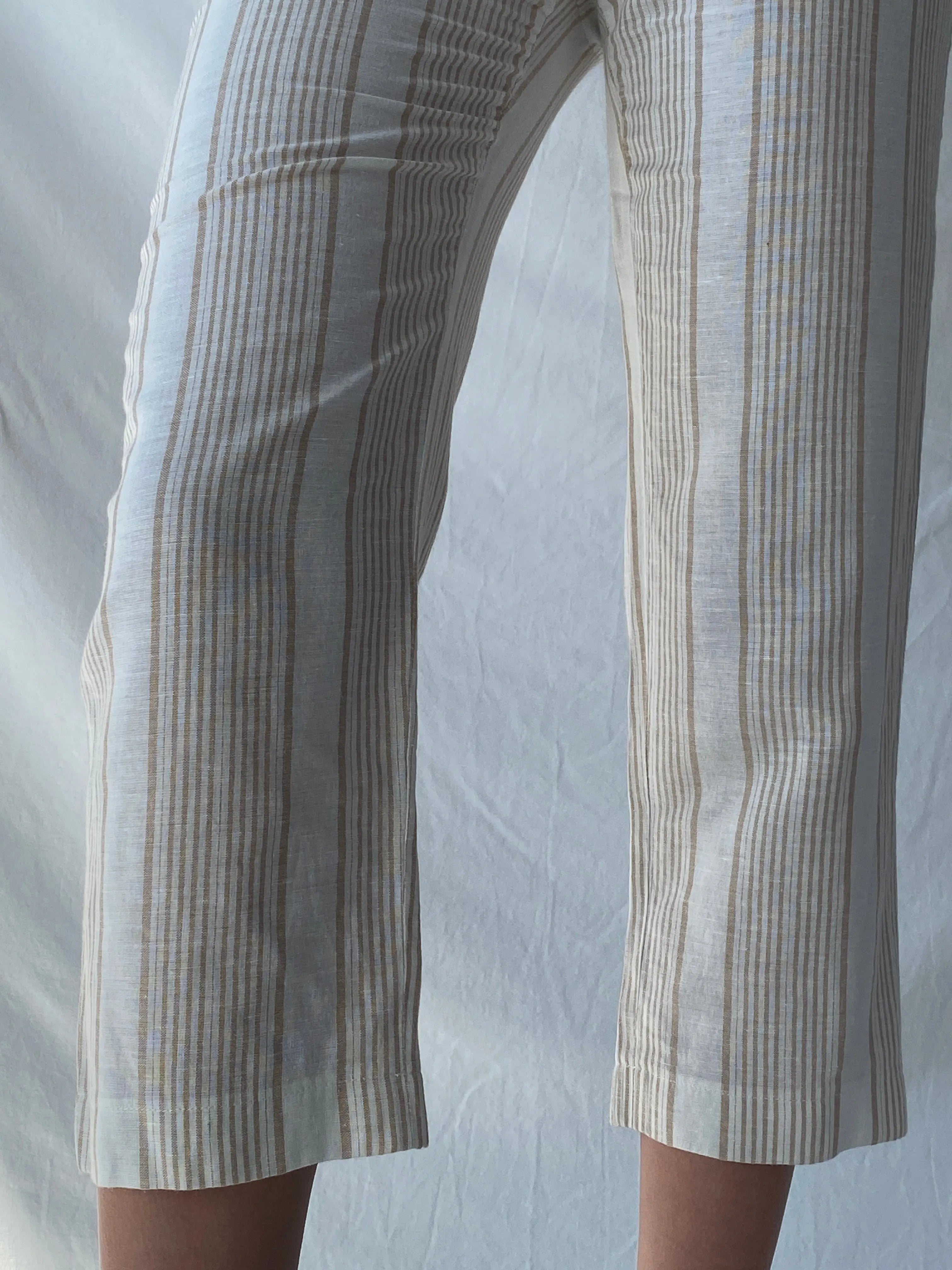 Marc Cain Striped White and Beige Linen Mix Summer Capris Pants - S - Balagan Vintage Pants 00s, consignment, Melika, Syntia