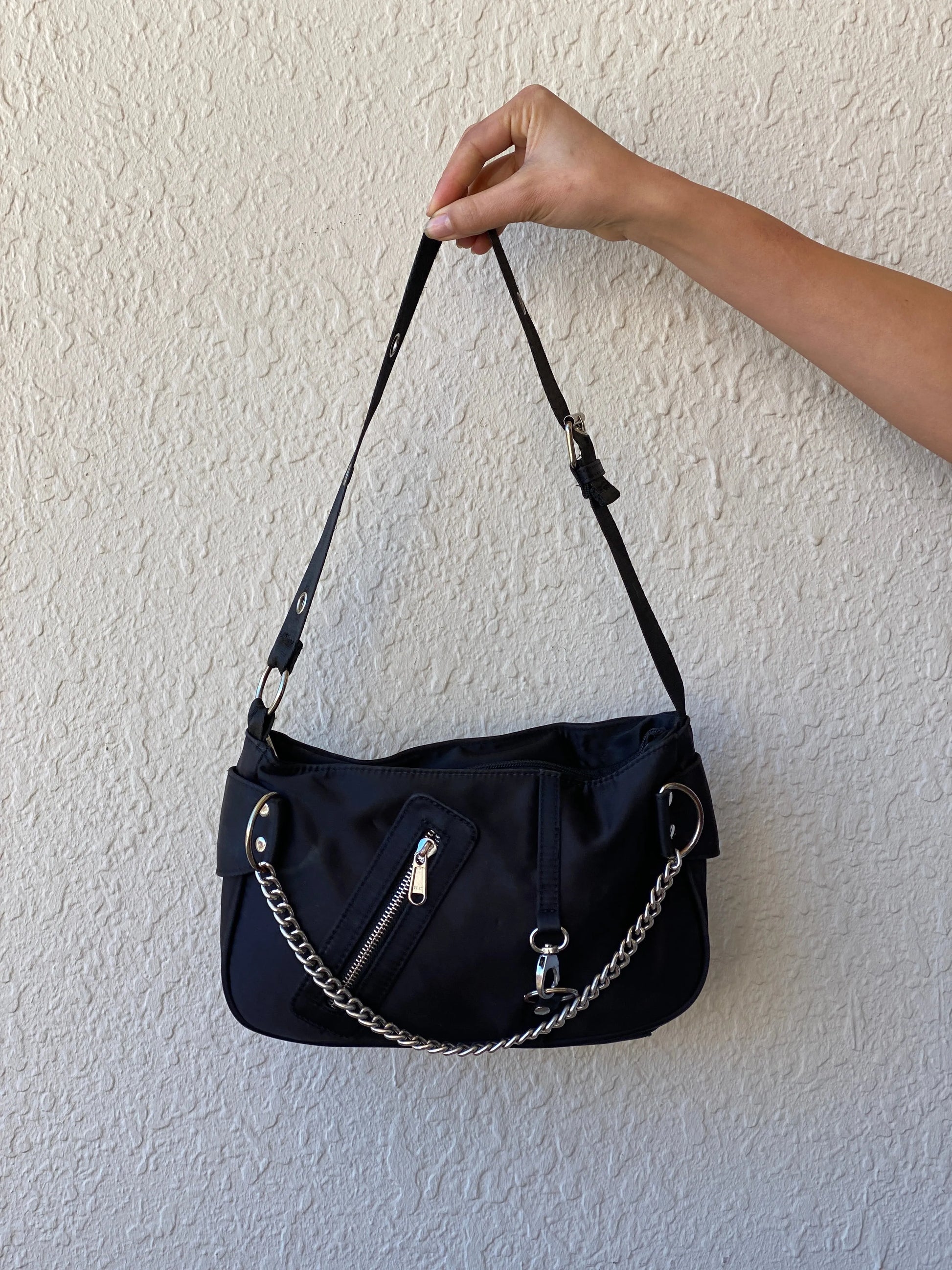 Mavi Black Nylon Goth Chains Shoulder Bag - Balagan Vintage Shoulder Bag 00s, bag, embellished bag, handbag, shoulder bag