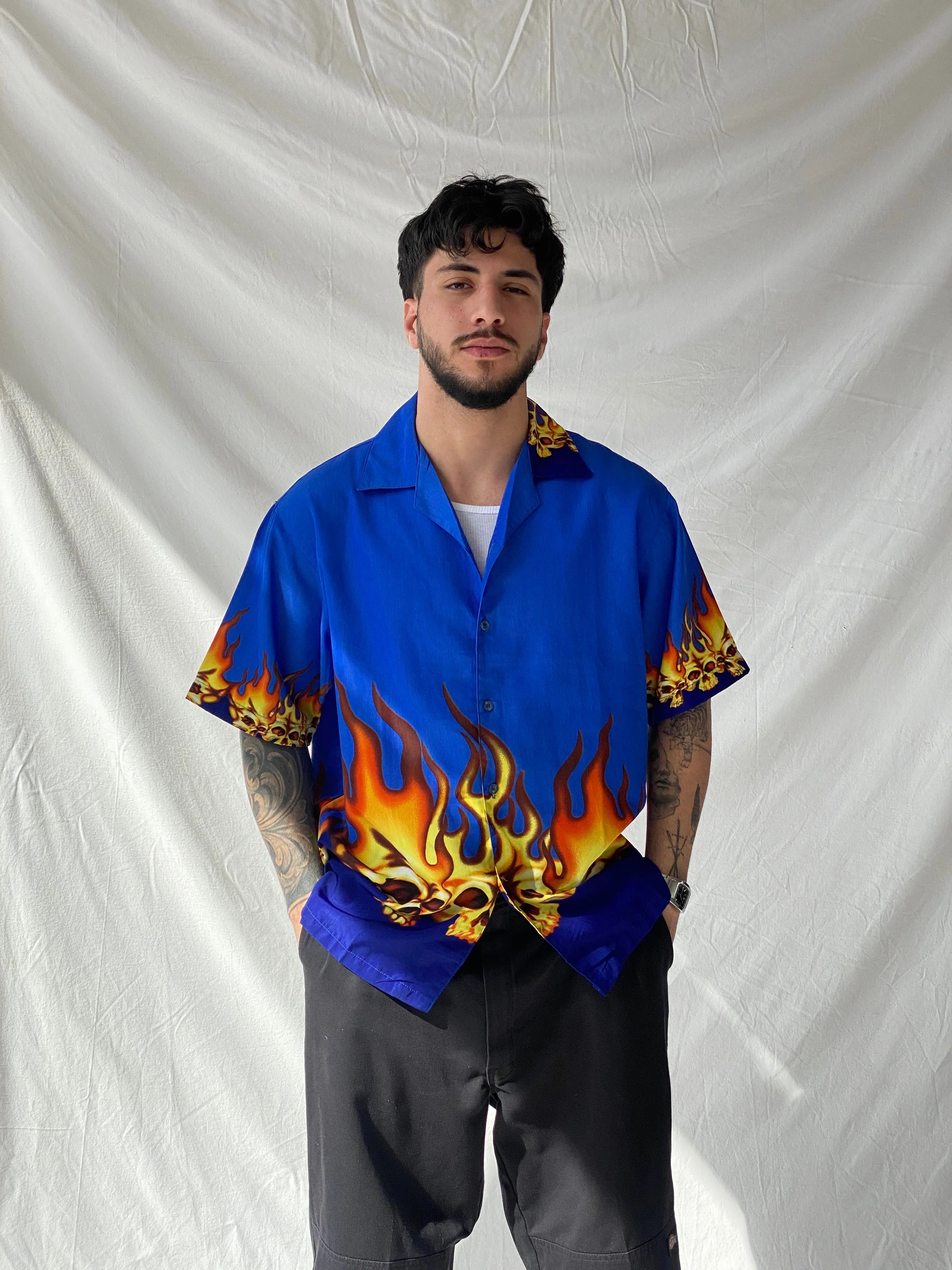 Men’s Flamed Skull Blue Short Sleeve Button Up Shirt - L - Balagan Vintage Half Sleeve Top 90s, consignment, Hamza, men top, striped, striped shirt, winter