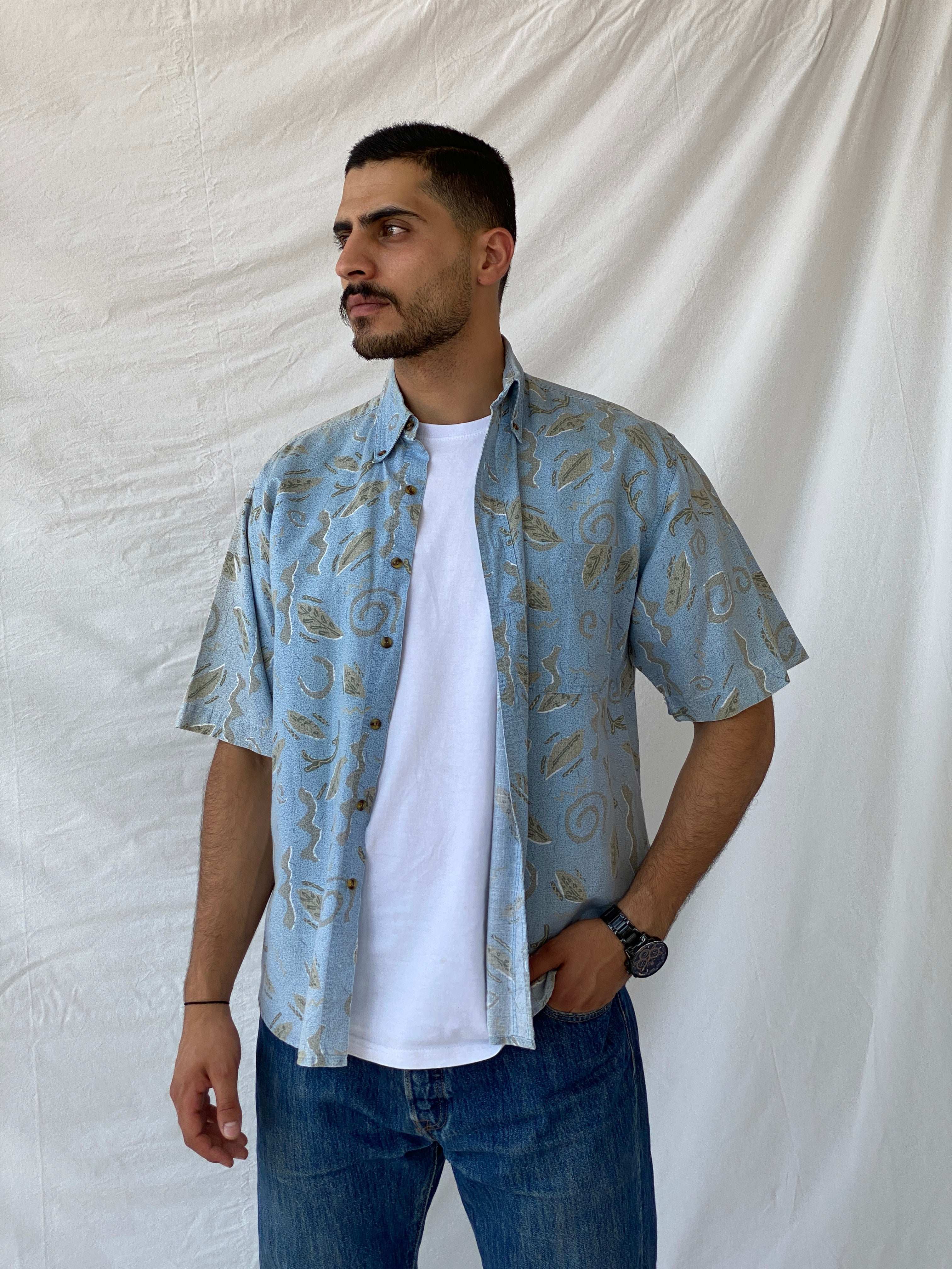 Men’s Vintage Bugle Boy Linen Blend Leaf Print Hawaiian Shirt - M - Balagan Vintage Half Sleeve Shirt 90s, half sleeve shirt, Hawaiian shirt, mens shirt, printed shirt, Ramez