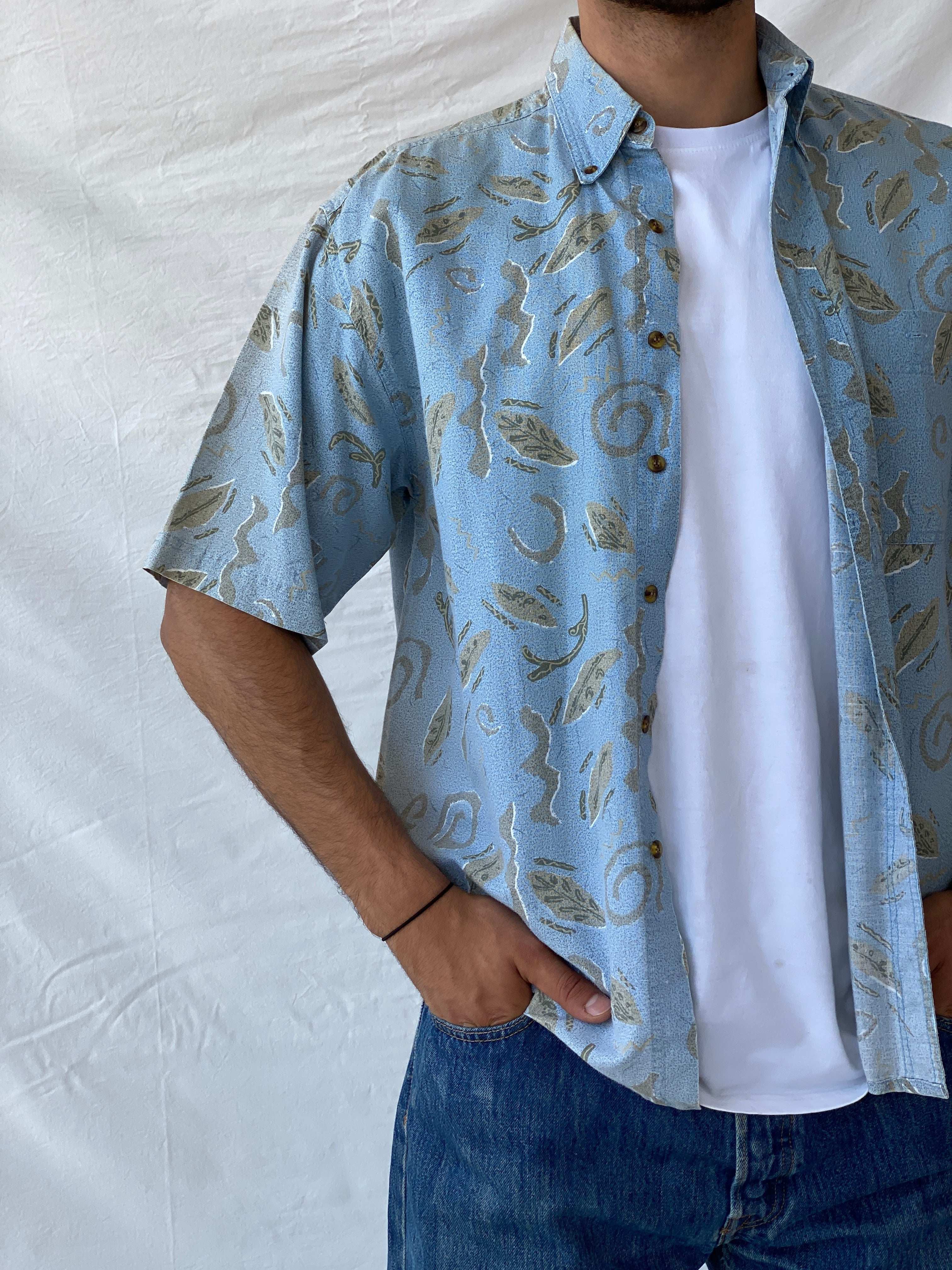 Men’s Vintage Bugle Boy Linen Blend Leaf Print Hawaiian Shirt - M - Balagan Vintage Half Sleeve Shirt 90s, half sleeve shirt, Hawaiian shirt, mens shirt, printed shirt, Ramez