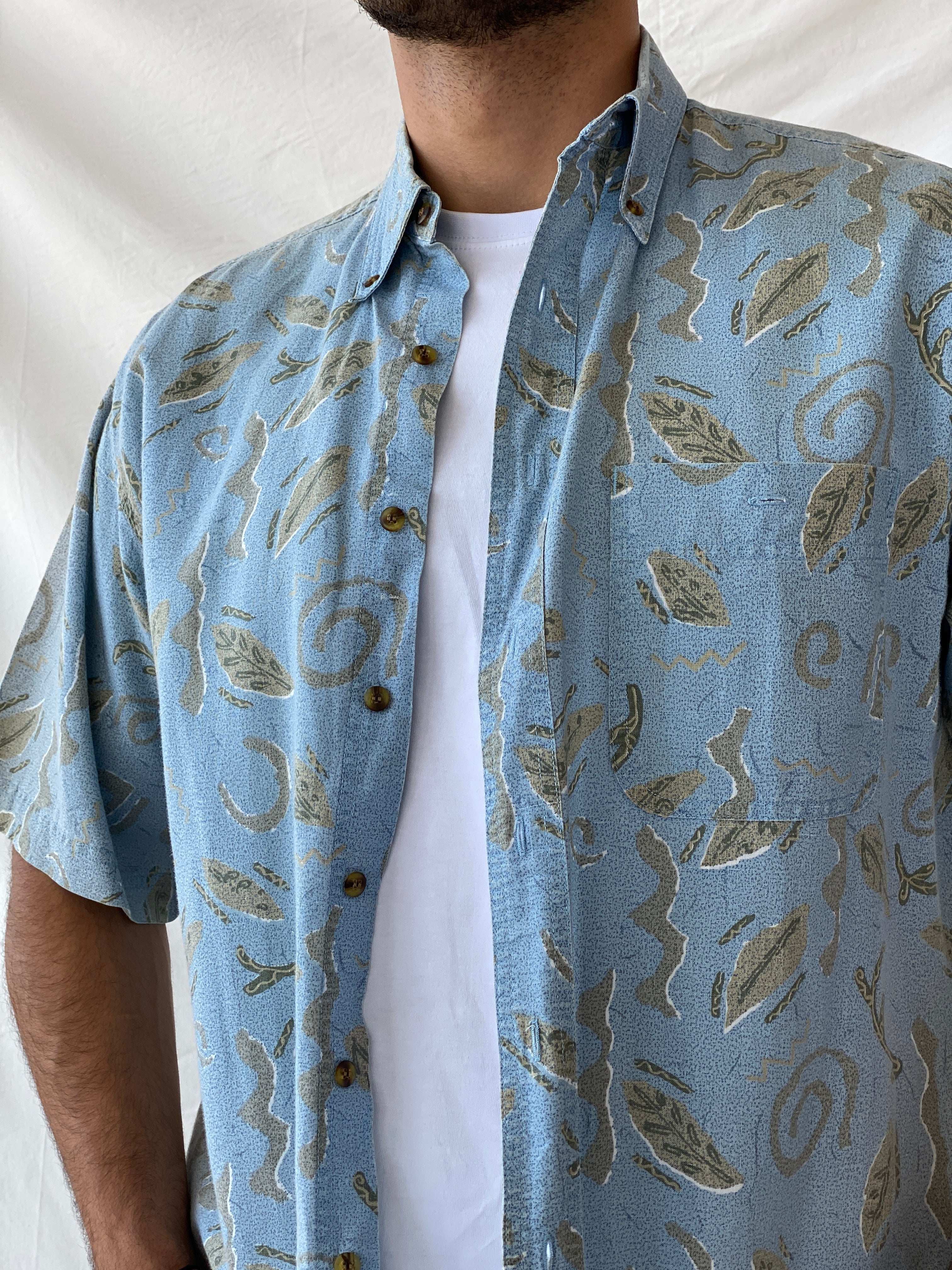 Men’s Vintage Bugle Boy Linen Blend Leaf Print Hawaiian Shirt - M - Balagan Vintage Half Sleeve Shirt 90s, half sleeve shirt, Hawaiian shirt, mens shirt, printed shirt, Ramez