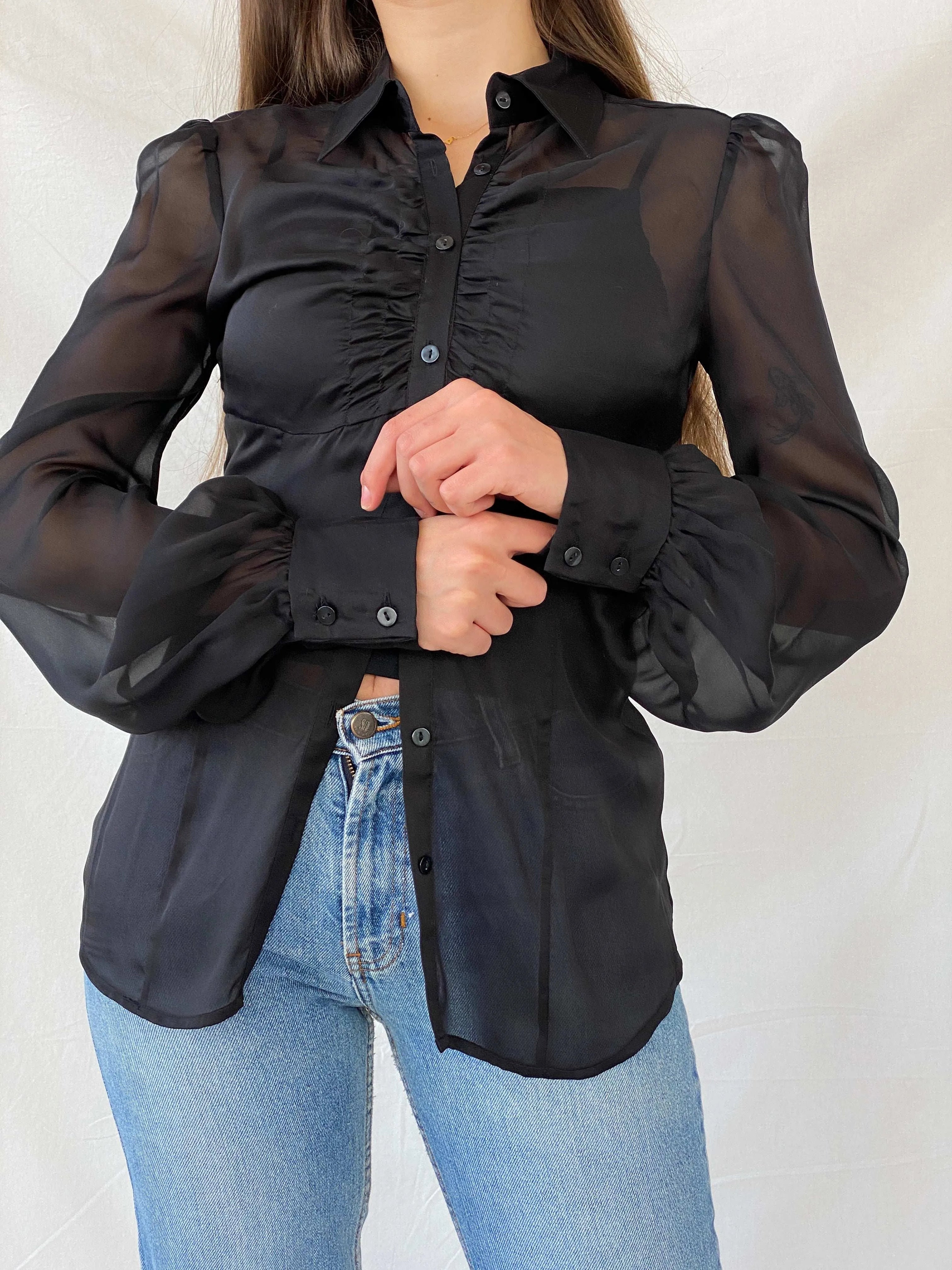 Miss Sixty Diamond Sheer Black Exaggerated Sleeve Blouse - M - Balagan Vintage Full Sleeve Shirt 00s, cotton shirt, full sleeve shirt, Mira, Miss Sixty, winter, women shirt, women top