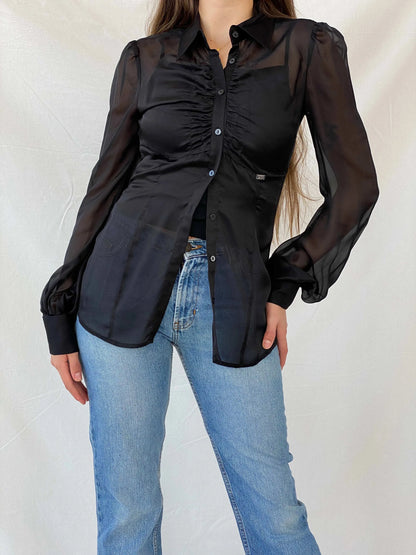 Miss Sixty Diamond Sheer Black Exaggerated Sleeve Blouse - M - Balagan Vintage Full Sleeve Shirt 00s, cotton shirt, full sleeve shirt, Mira, Miss Sixty, winter, women shirt, women top