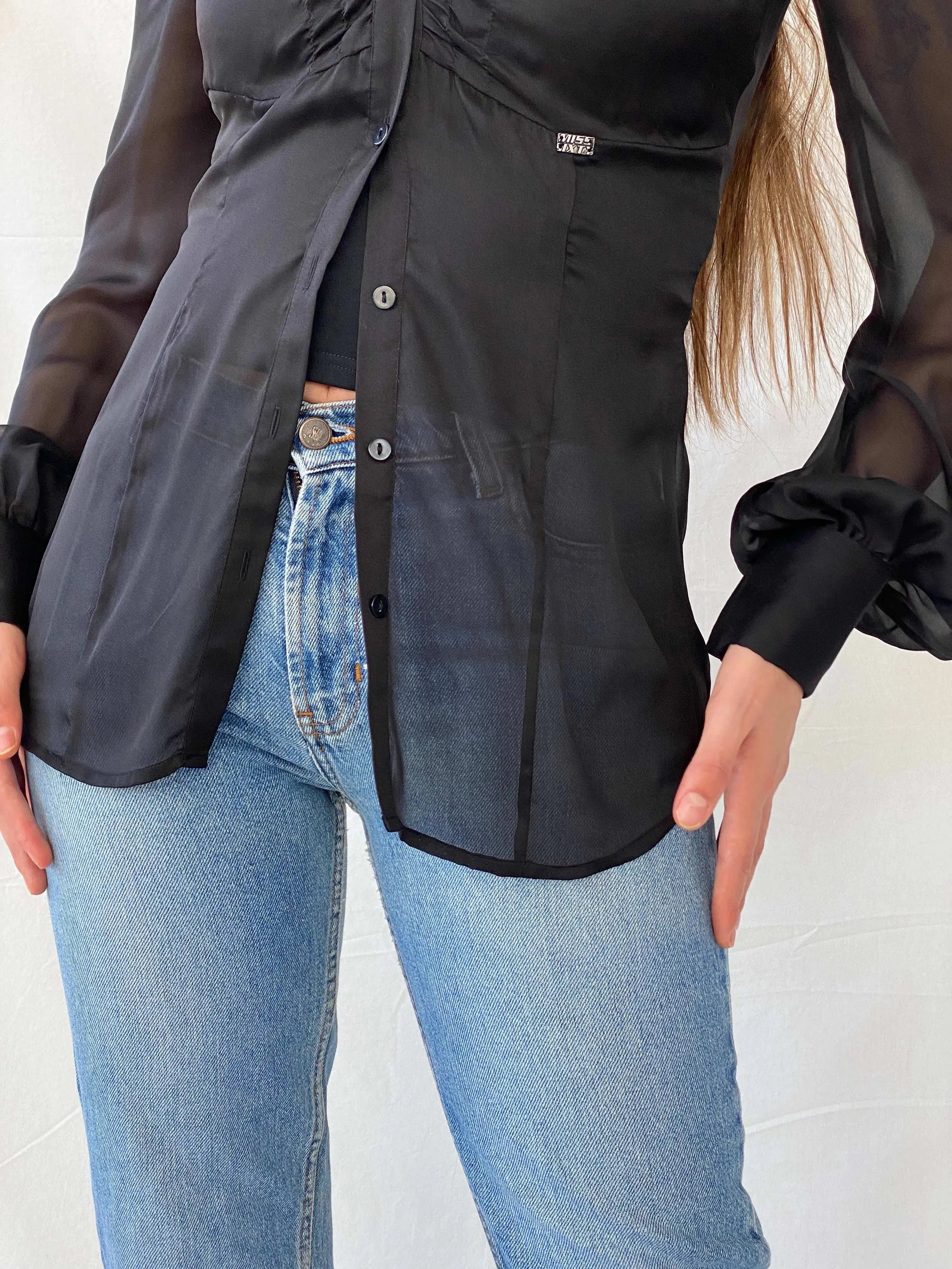 Miss Sixty Diamond Sheer Black Exaggerated Sleeve Blouse - M - Balagan Vintage Full Sleeve Shirt 00s, cotton shirt, full sleeve shirt, Mira, Miss Sixty, winter, women shirt, women top