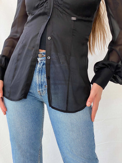 Miss Sixty Diamond Sheer Black Exaggerated Sleeve Blouse - M - Balagan Vintage Full Sleeve Shirt 00s, cotton shirt, full sleeve shirt, Mira, Miss Sixty, winter, women shirt, women top