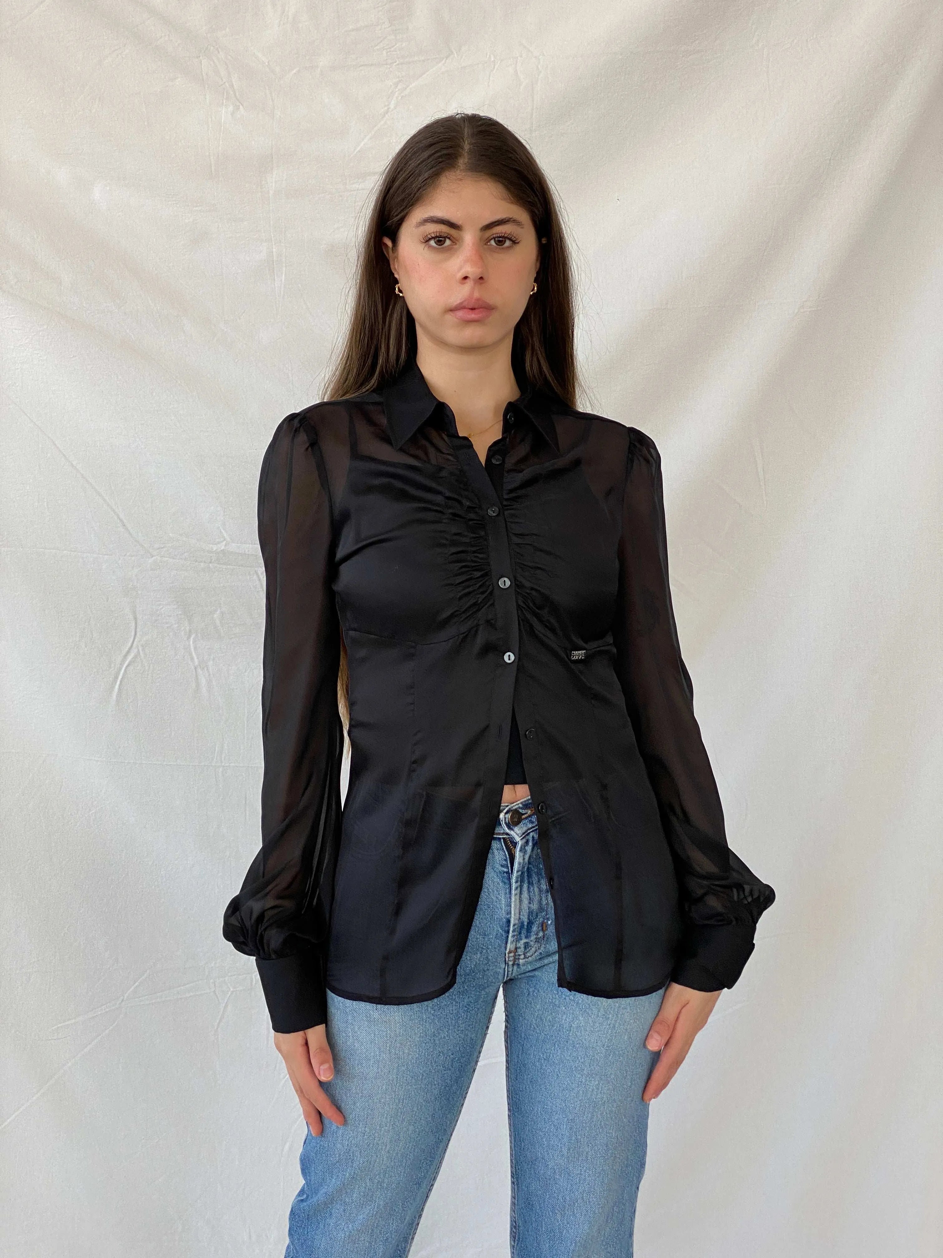 Miss Sixty Diamond Sheer Black Exaggerated Sleeve Blouse - M - Balagan Vintage Full Sleeve Shirt 00s, cotton shirt, full sleeve shirt, Mira, Miss Sixty, winter, women shirt, women top