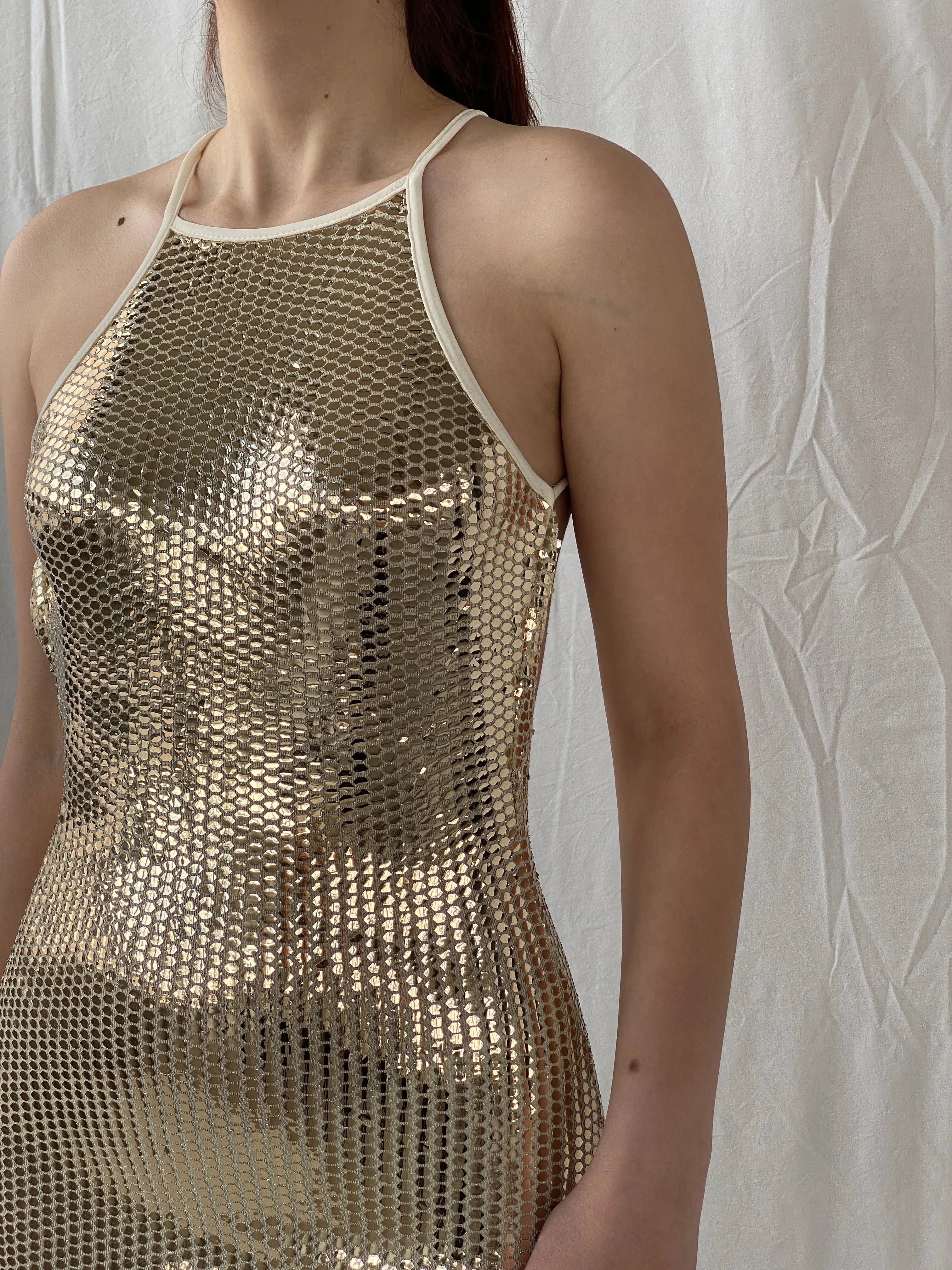 Missguided Gold Sequin Halter Neck Open Back Party Dress - S - Balagan Vintage Midi Dress Ayah, dress, midi dress, shimmer
