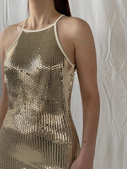 Missguided Gold Sequin Halter Neck Open Back Party Dress - S - Balagan Vintage Midi Dress Ayah, dress, midi dress, shimmer