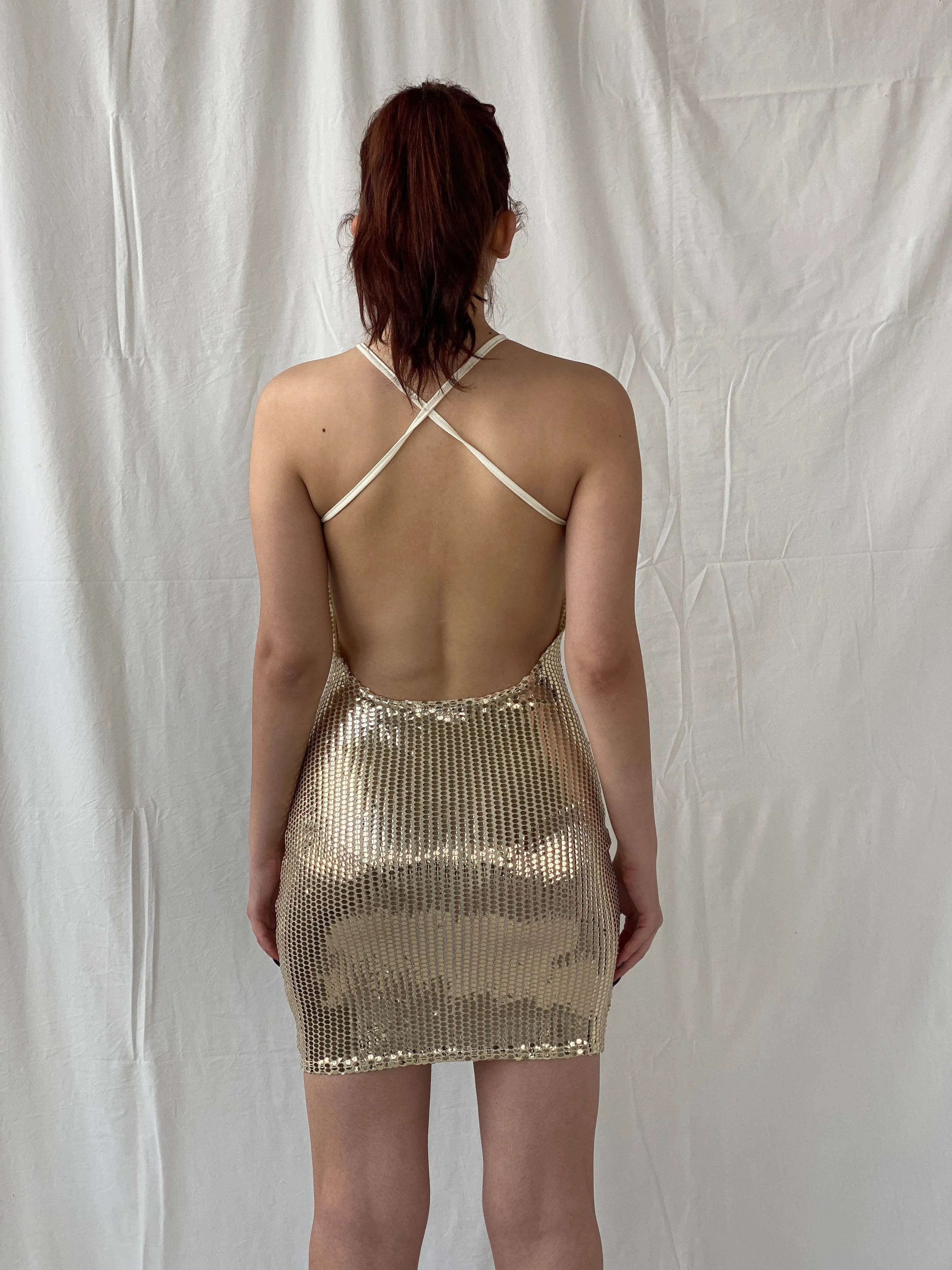 Missguided Gold Sequin Halter Neck Open Back Party Dress - S - Balagan Vintage Midi Dress Ayah, dress, midi dress, shimmer