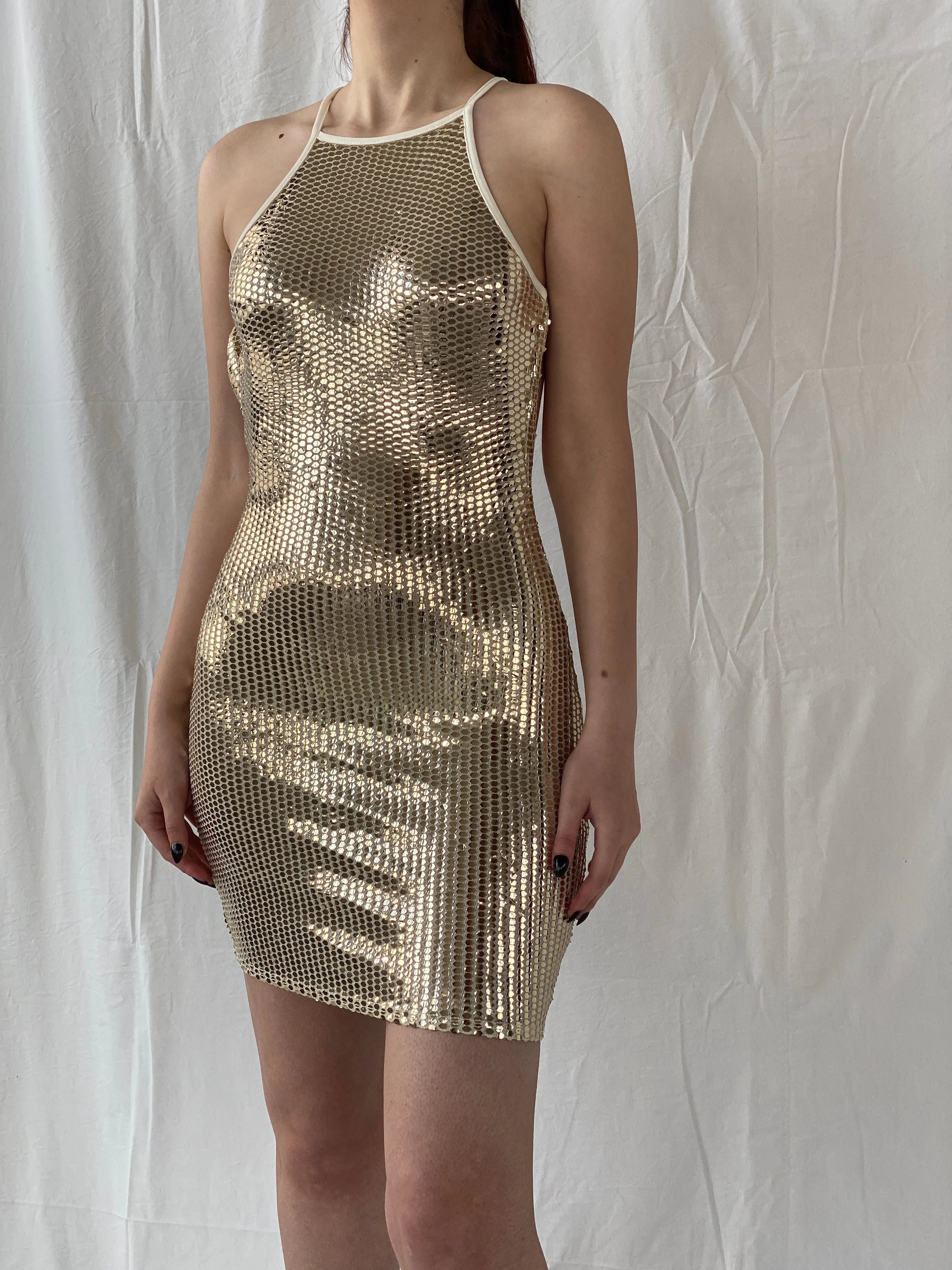 Missguided Gold Sequin Halter Neck Open Back Party Dress - S - Balagan Vintage Midi Dress Ayah, dress, midi dress, shimmer