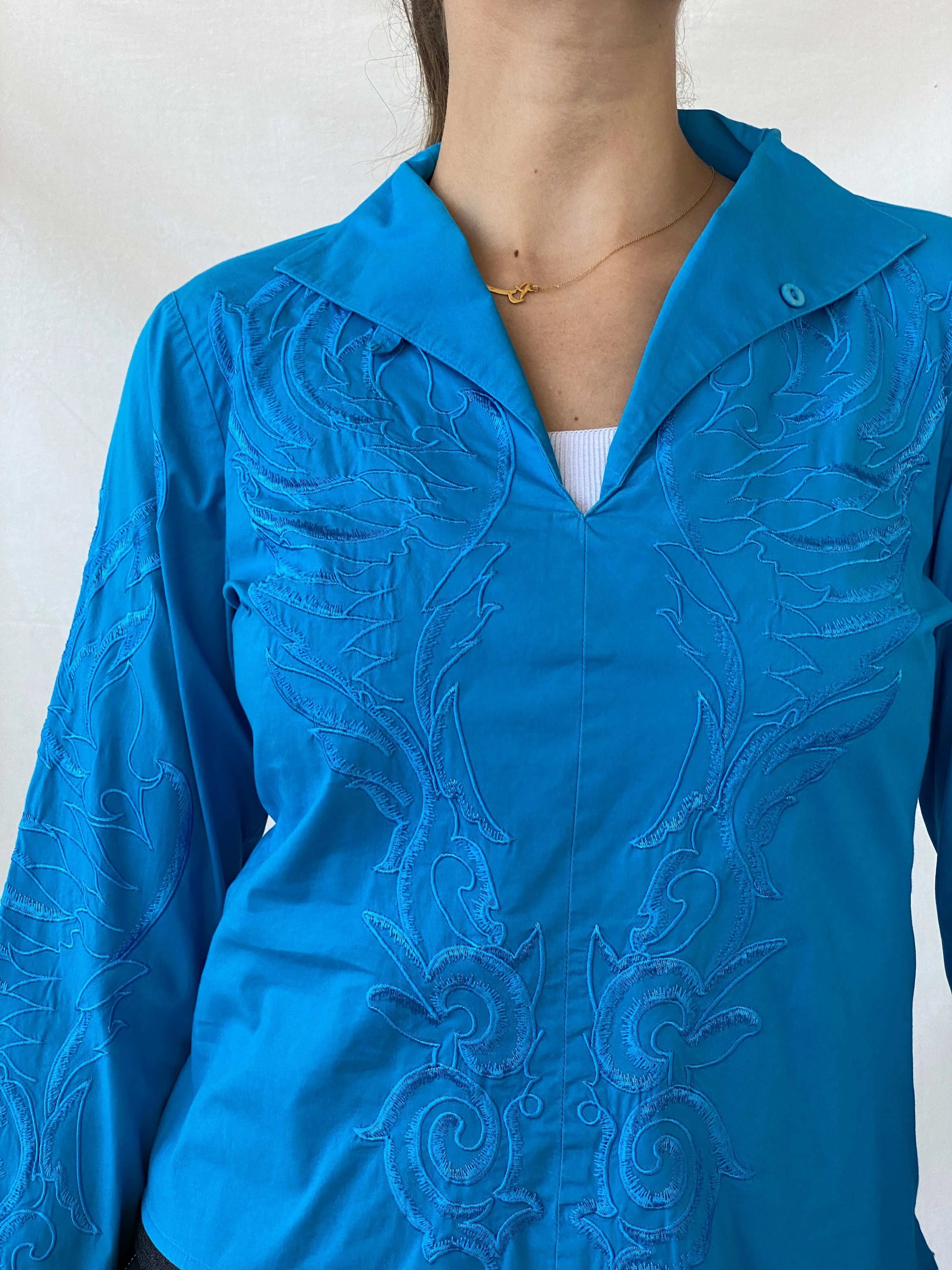 NARACAMICIE Blue Embroidered Women’s Long Sleeve Shirt - S - Balagan Vintage Full Sleeve Shirt 00s, floral embroidery, full sleeve shirt, Mira, winter, women shirt, women top