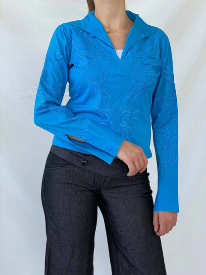 NARACAMICIE Blue Embroidered Women’s Long Sleeve Shirt - S - Balagan Vintage Full Sleeve Shirt 00s, Deals, floral embroidery, full sleeve shirt, Mira, winter, women shirt, women top