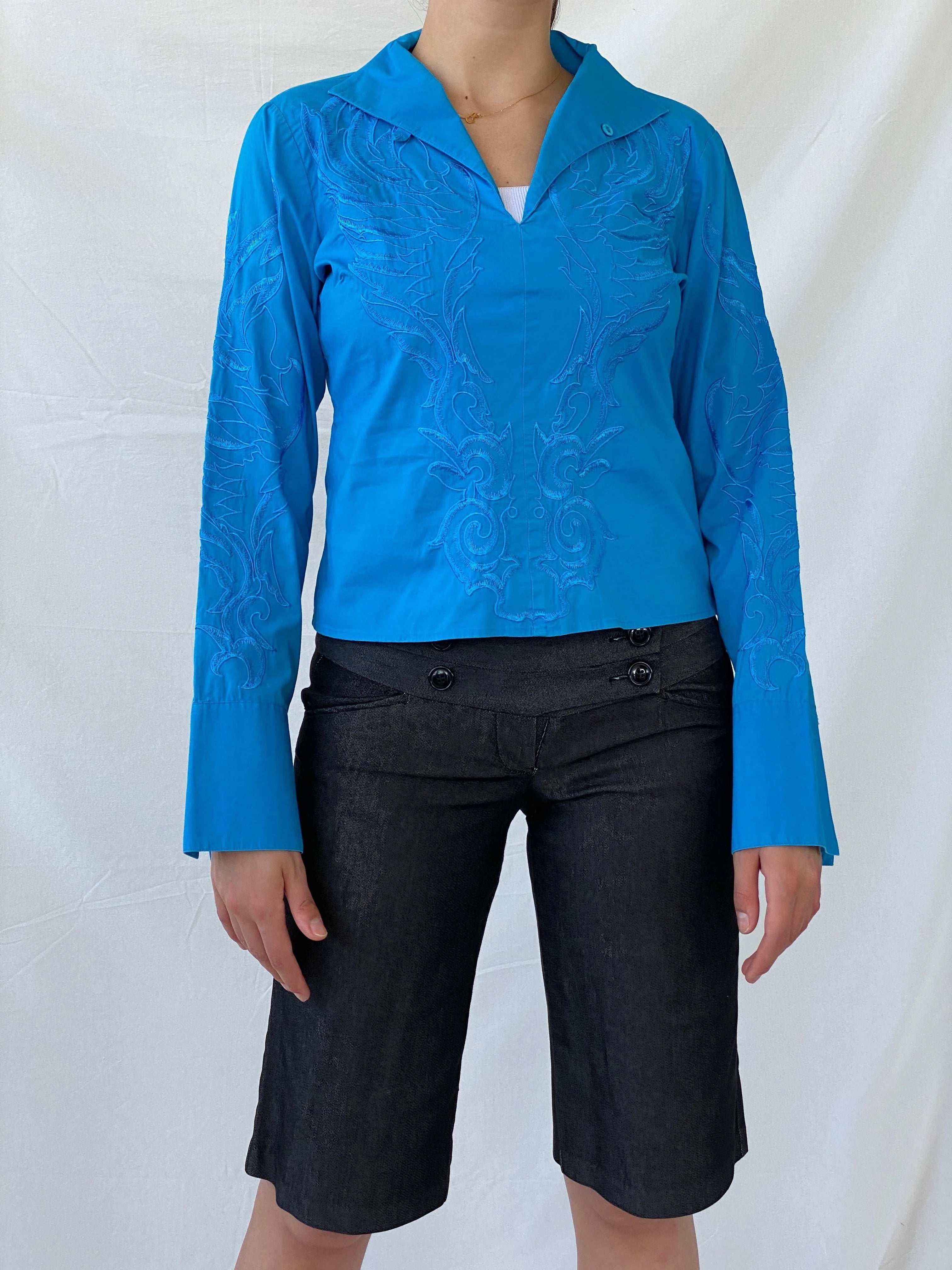 NARACAMICIE Blue Embroidered Women’s Long Sleeve Shirt - S - Balagan Vintage Full Sleeve Shirt 00s, floral embroidery, full sleeve shirt, Mira, winter, women shirt, women top
