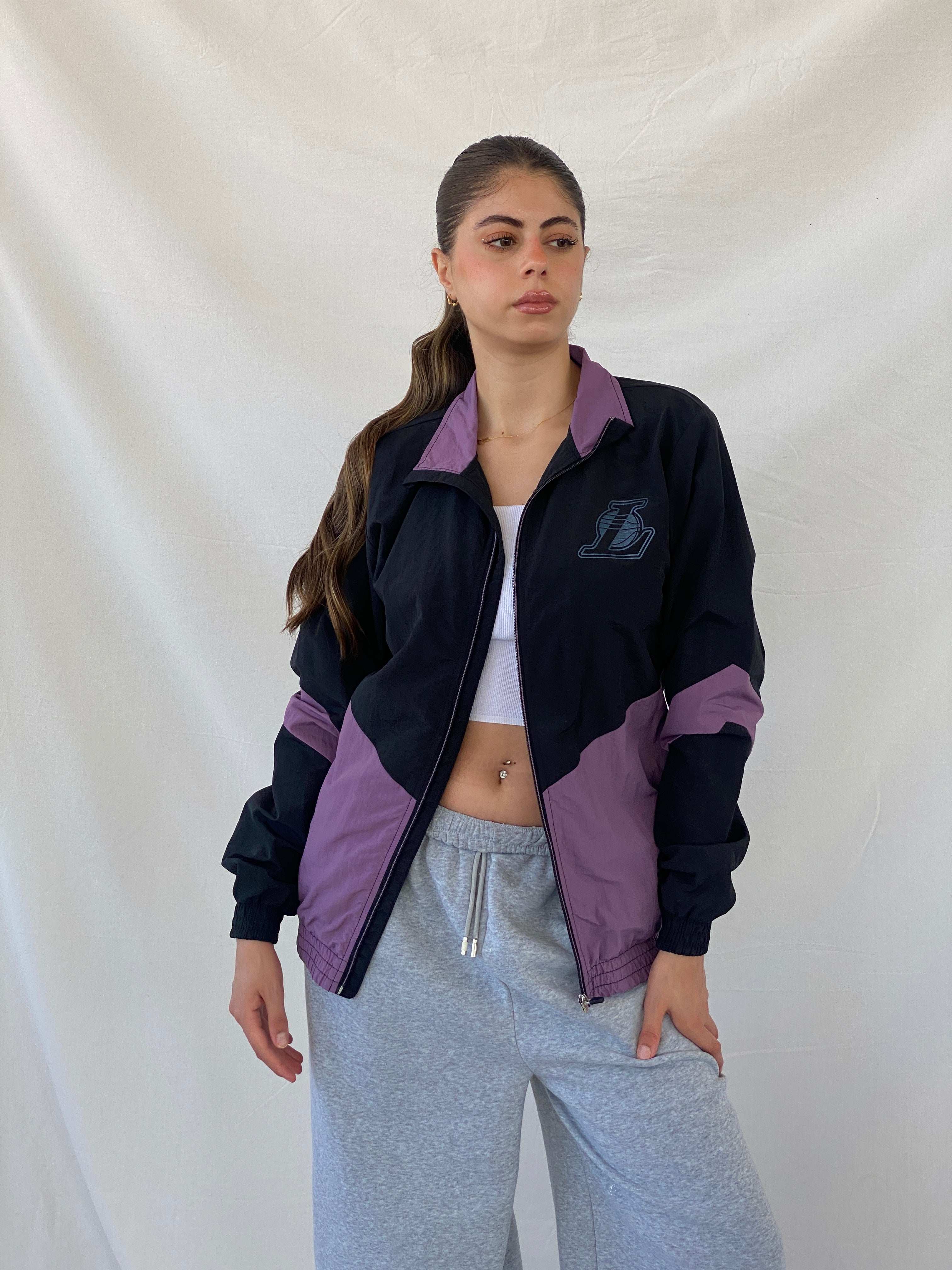 NBA Exclusive Lakers Black and Purple Windbreaker Track Jacket - S - Balagan Vintage Windbreaker Jacket 00s, Mira, vintage, vintage windbreaker, windbreaker, windbreaker jacket, women