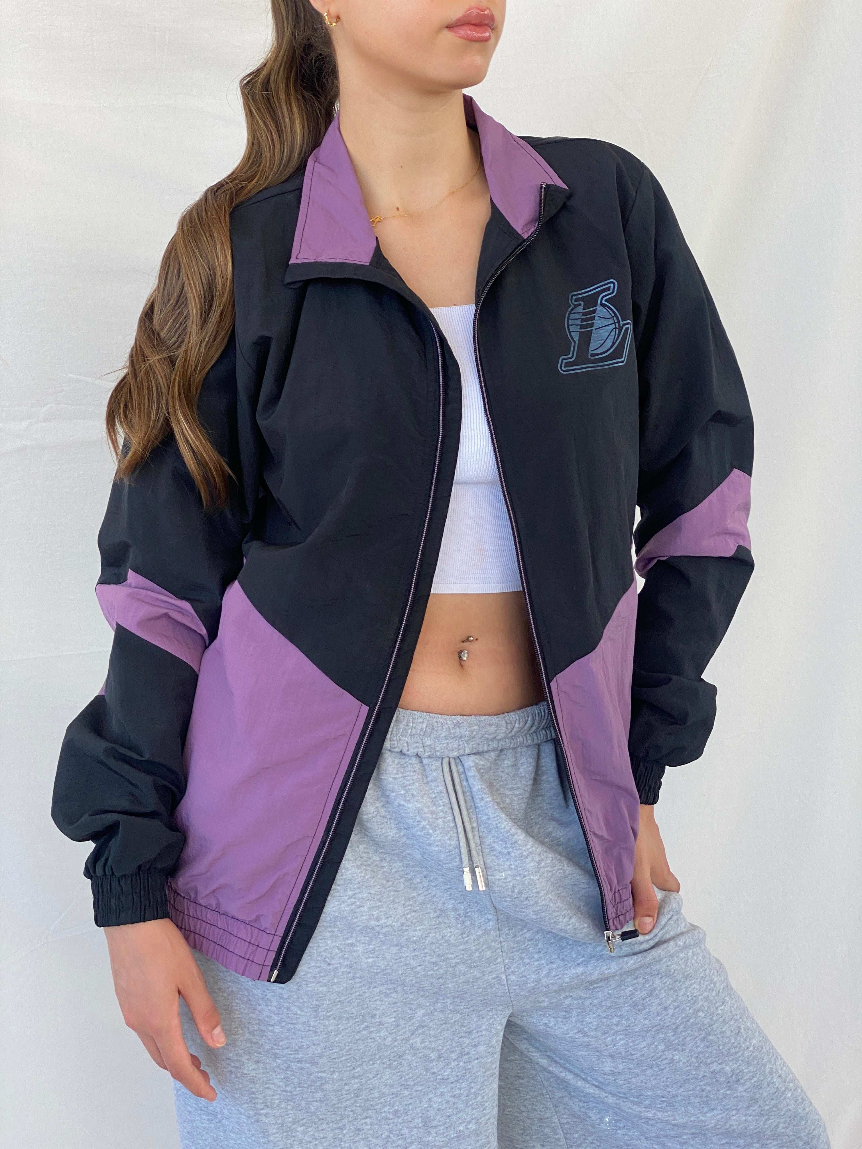 NBA Exclusive Lakers Black and Purple Windbreaker Track Jacket - S - Balagan Vintage Windbreaker Jacket 00s, Mira, vintage, vintage windbreaker, windbreaker, windbreaker jacket, women