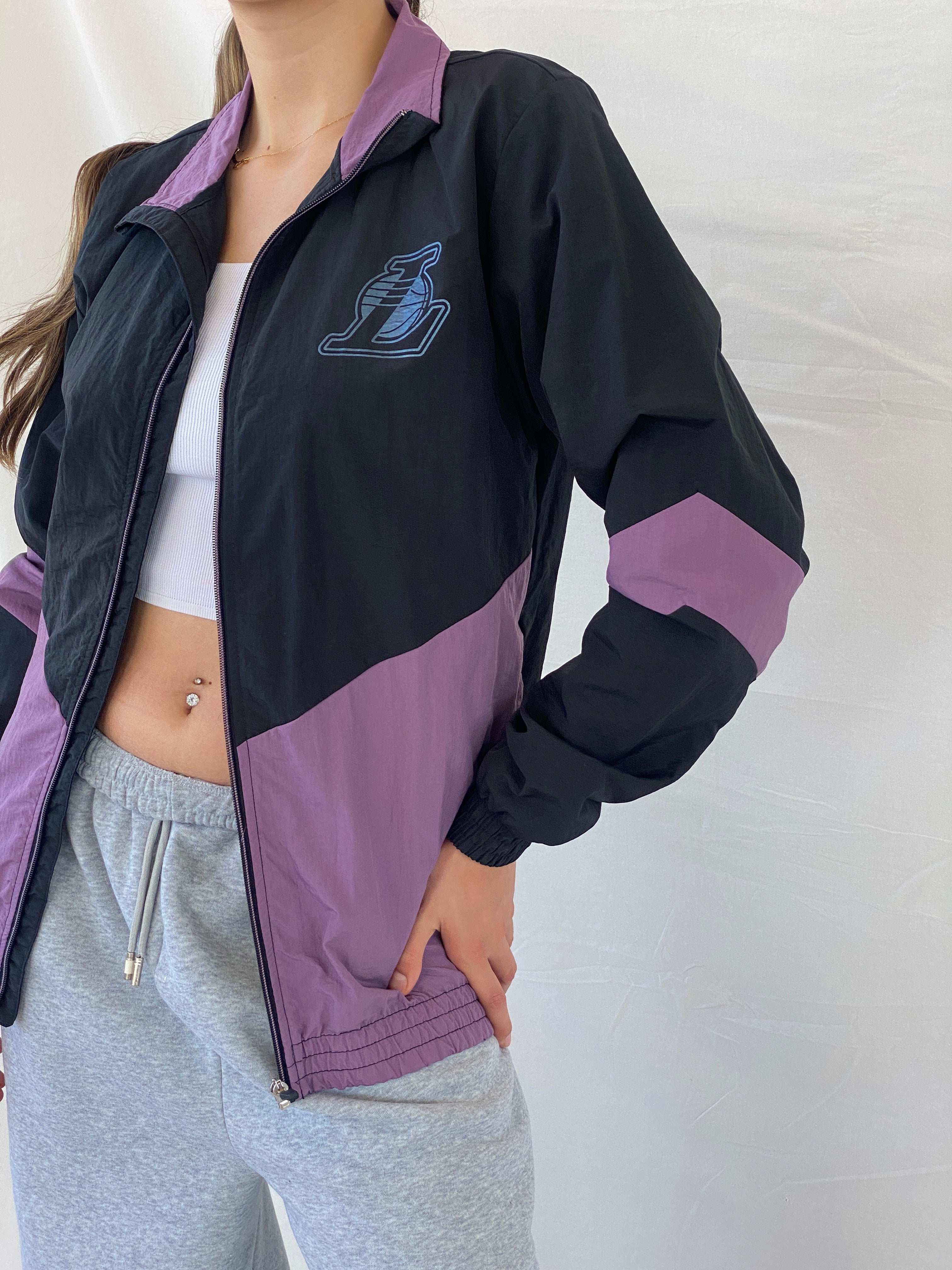 NBA Exclusive Lakers Black and Purple Windbreaker Track Jacket - S - Balagan Vintage Windbreaker Jacket 00s, Mira, vintage, vintage windbreaker, windbreaker, windbreaker jacket, women