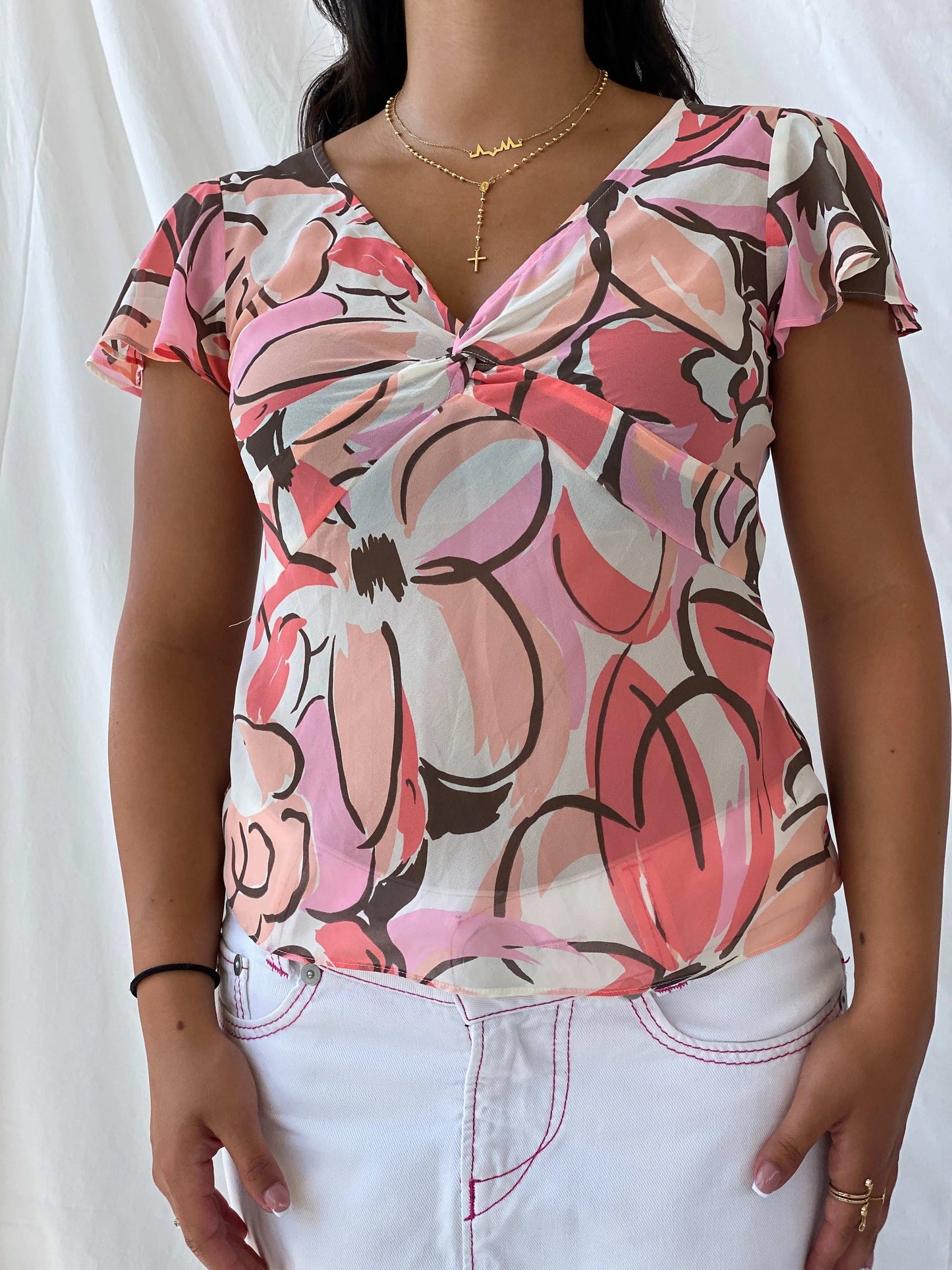 New York & Company Sheer Floral Pink and Brown Bustier Top - S - Balagan Vintage Half Sleeve Top 00s, floral top, Lana, summer