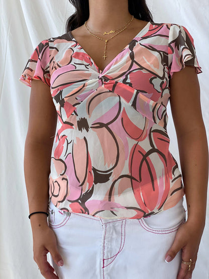 New York & Company Sheer Floral Pink and Brown Bustier Top - S - Balagan Vintage Half Sleeve Top 00s, floral top, Lana, summer
