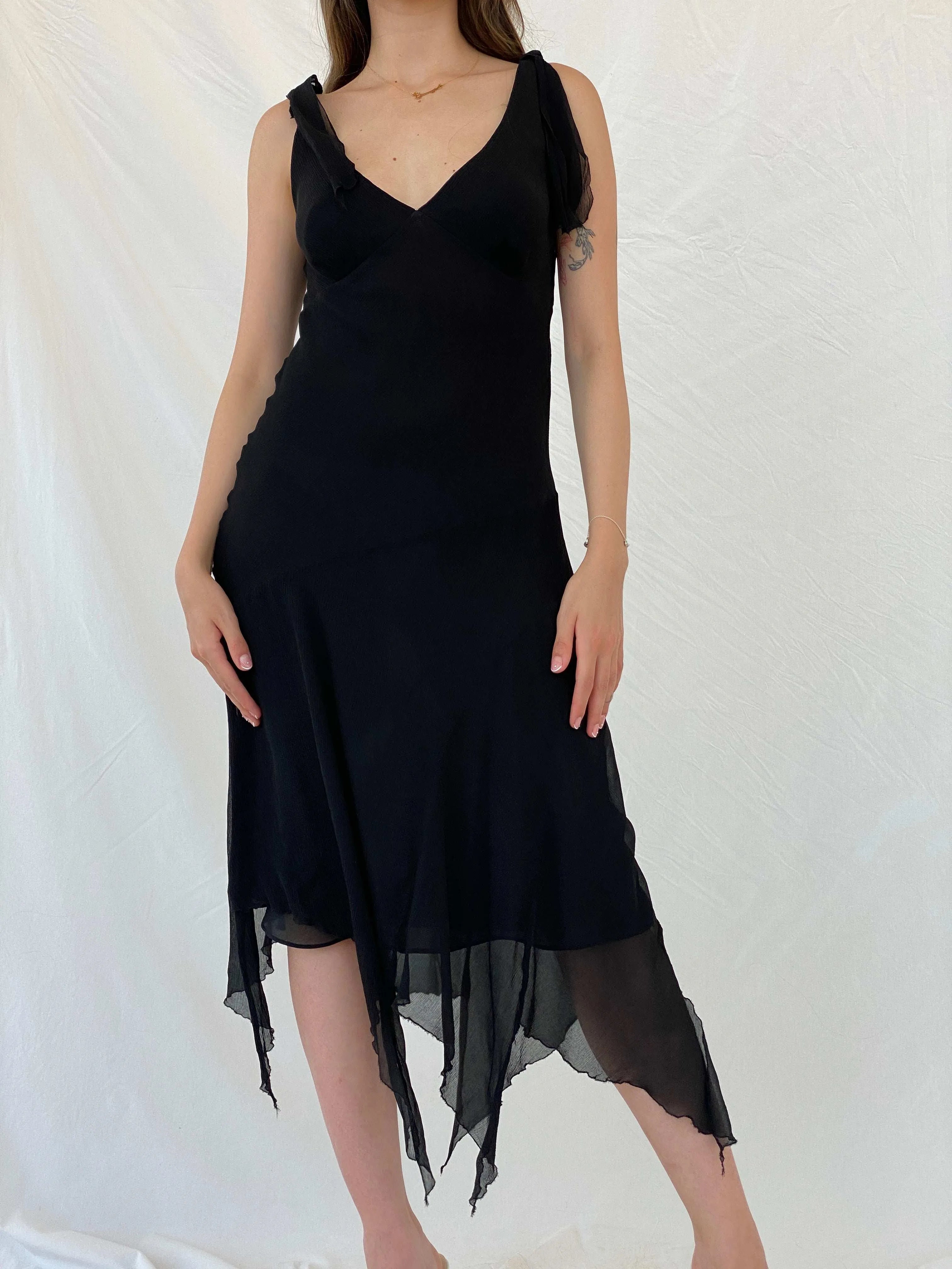 Nicole Miller Asymmetric Midi Black Layered Silk Dress - M - Balagan Vintage Midi Dress 00s, 90s, midi dress, Mira