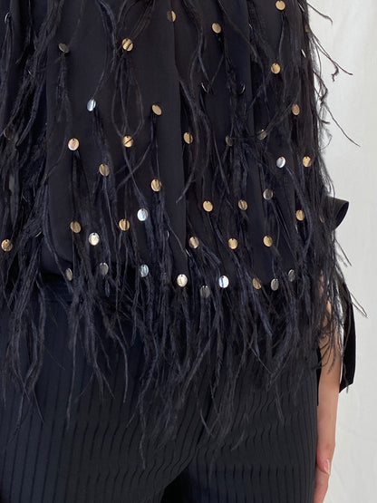 NWT Vintage FÉRAUD Paris Black Silk Feather Sequin Top - M - Balagan Vintage Sleeveless Top 00s, Ayah, beaded, consignment, designer, embroidery, Janan, mesh, NEW IN, rare find, rare vintage, shimmer, summer, women top
