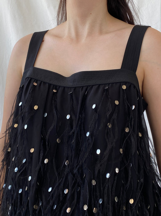 NWT Vintage FÉRAUD Paris Black Silk Feather Sequin Top - M - Balagan Vintage Sleeveless Top 00s, Ayah, beaded, consignment, designer, embroidery, Janan, mesh, NEW IN, rare find, rare vintage, shimmer, summer, women top