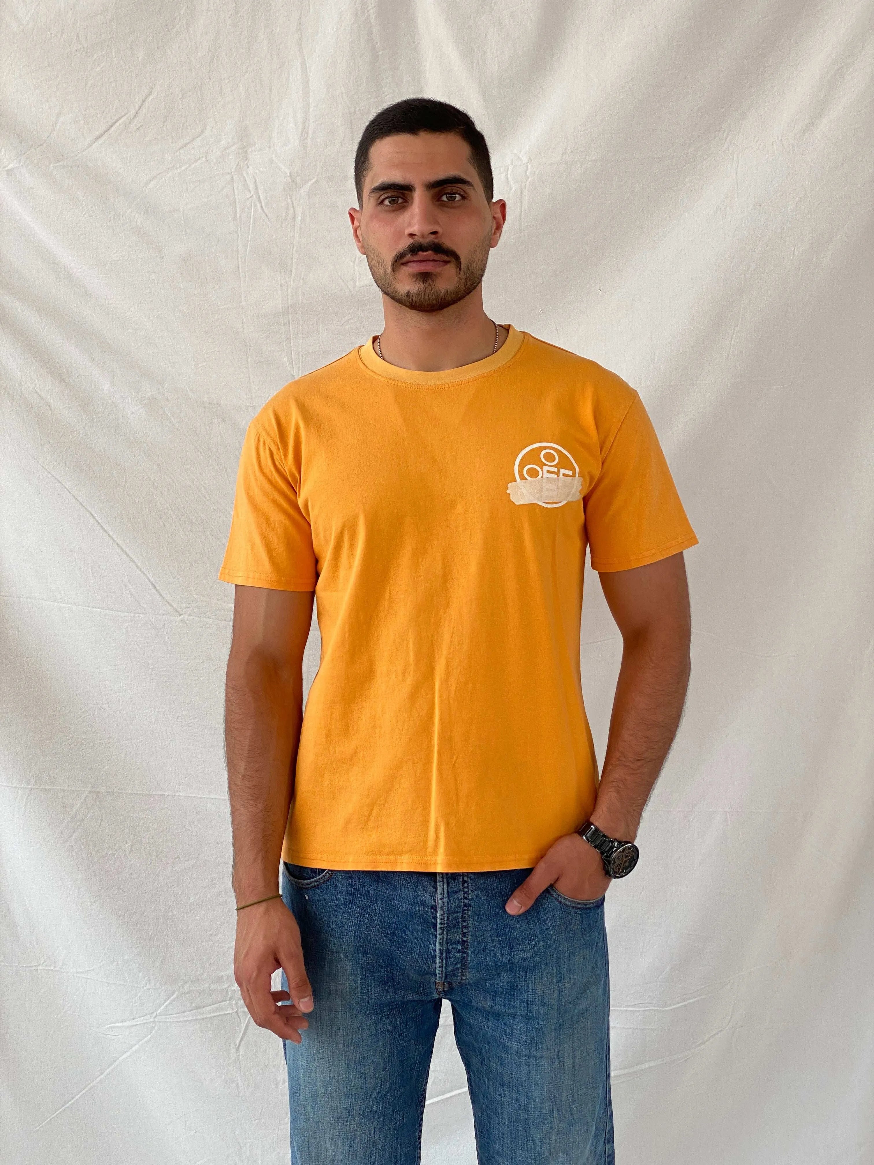 OFF-WHITE Graphic Tape Arrows Crewneck Orange T-Shirt - L - Balagan Vintage Half Sleeve Top 00s, consignment, Deals, Joe, men top, Ramez