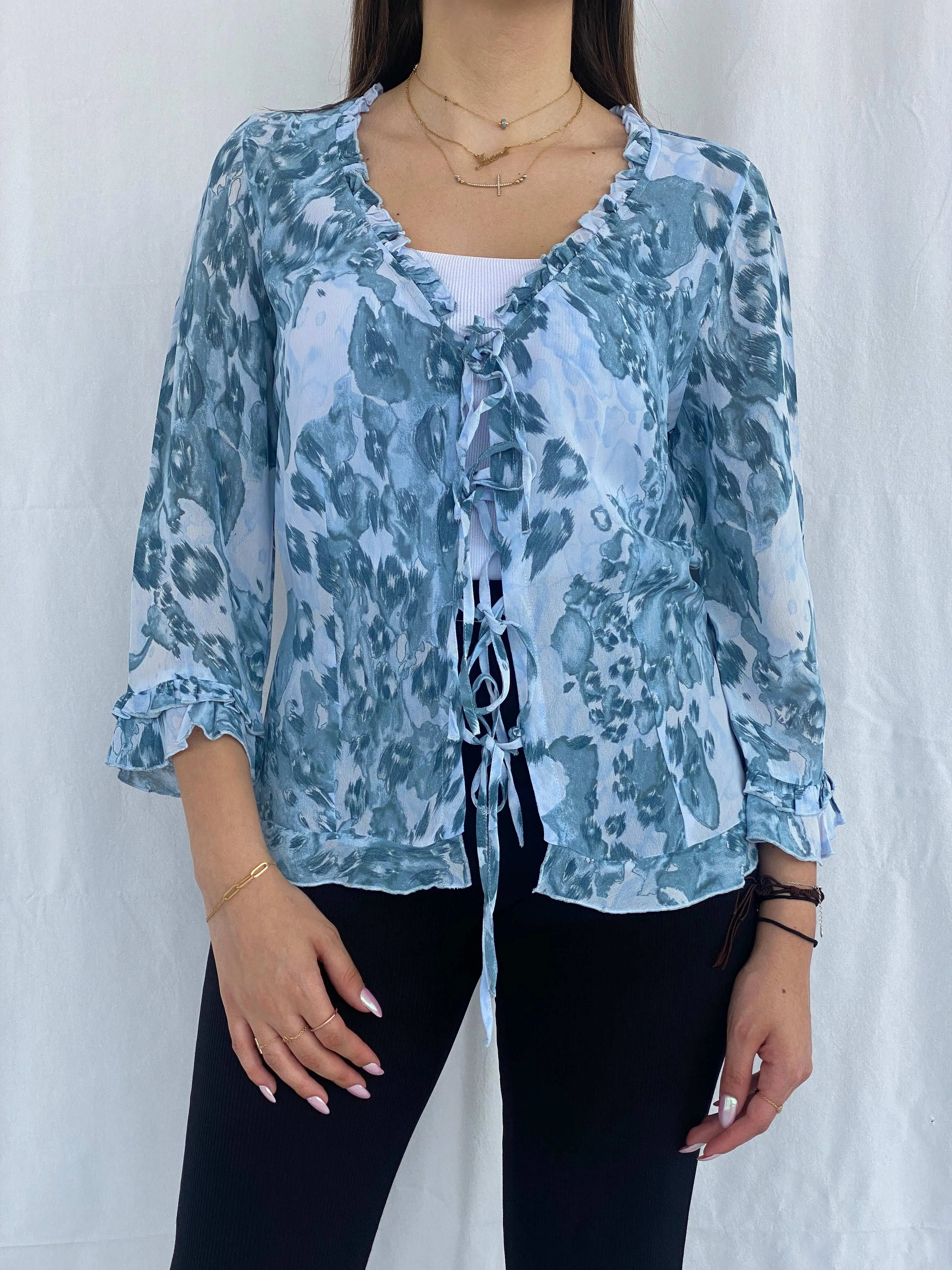 Per Una by Marks&Spencer Sheer Blue Cardigan Size L - Balagan Vintage Cardigan cardigan, full sleeve shirt, groovy, groovy print, groovy shirt, Juana, women skirt