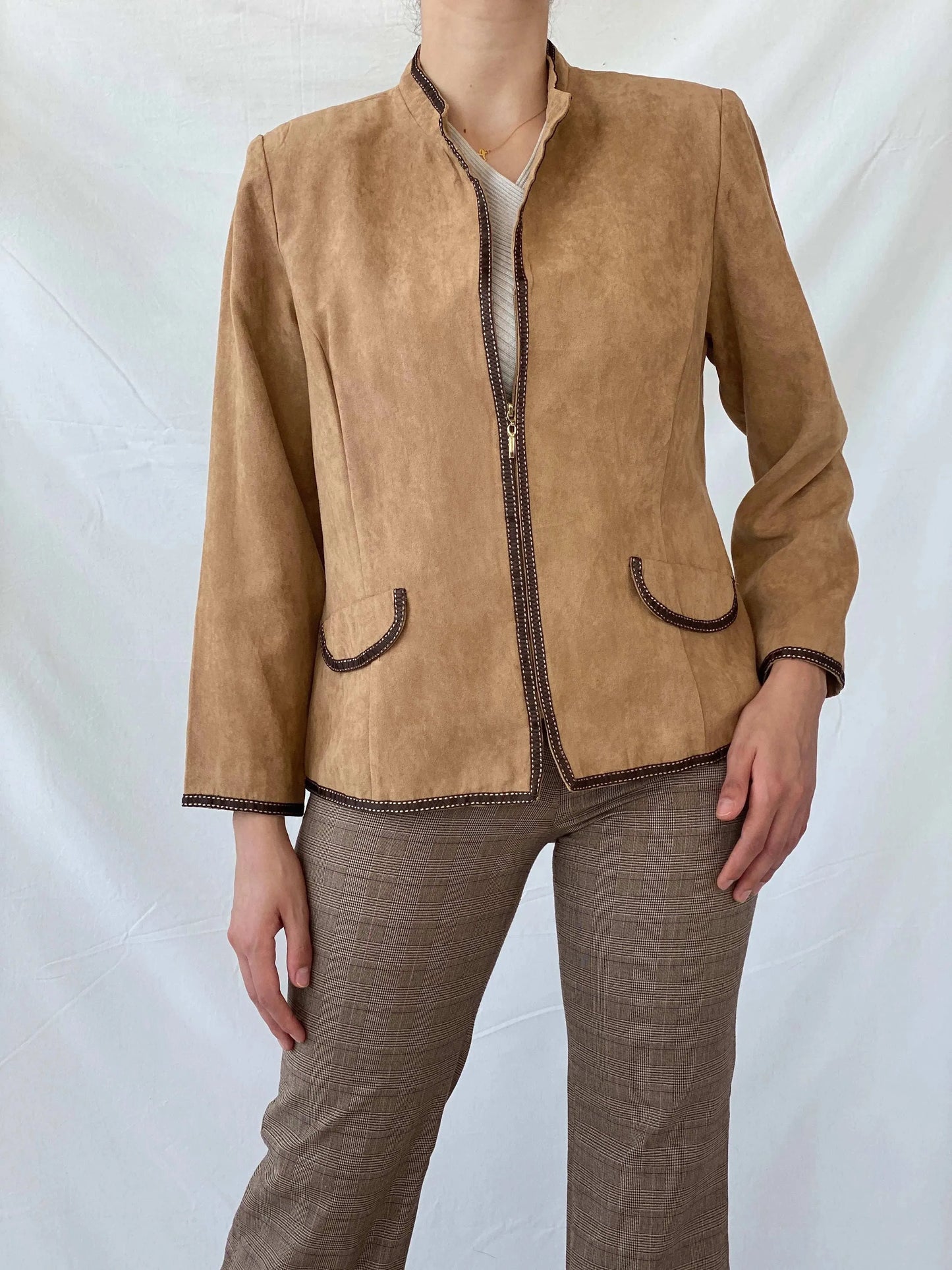 Perceptions New York Beige Fitted Zip Up Brown Trim Light Jacket - L - Balagan Vintage Blazer 90s, blazer, Coats&Jackets, full sleeve blazer, Mira, winter, Women's Blazers