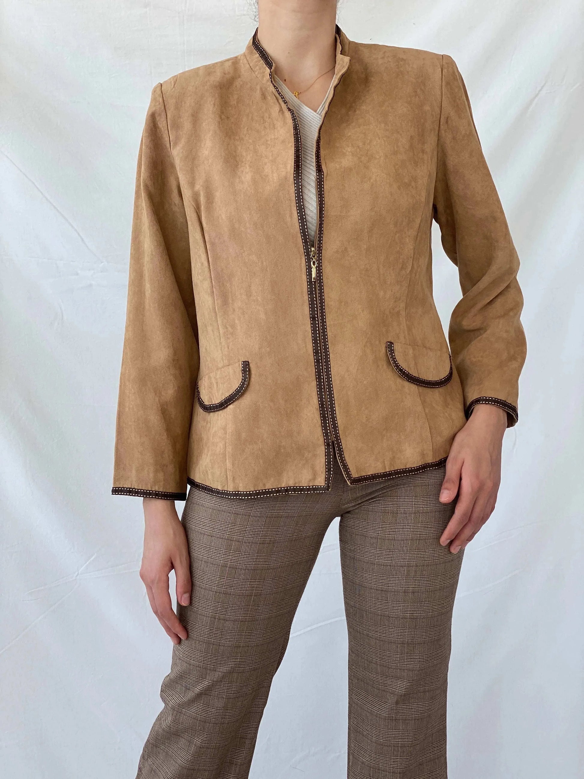 Perceptions New York Beige Fitted Zip Up Brown Trim Light Jacket - L - Balagan Vintage Blazer 90s, blazer, Coats&Jackets, full sleeve blazer, Mira, winter, Women's Blazers