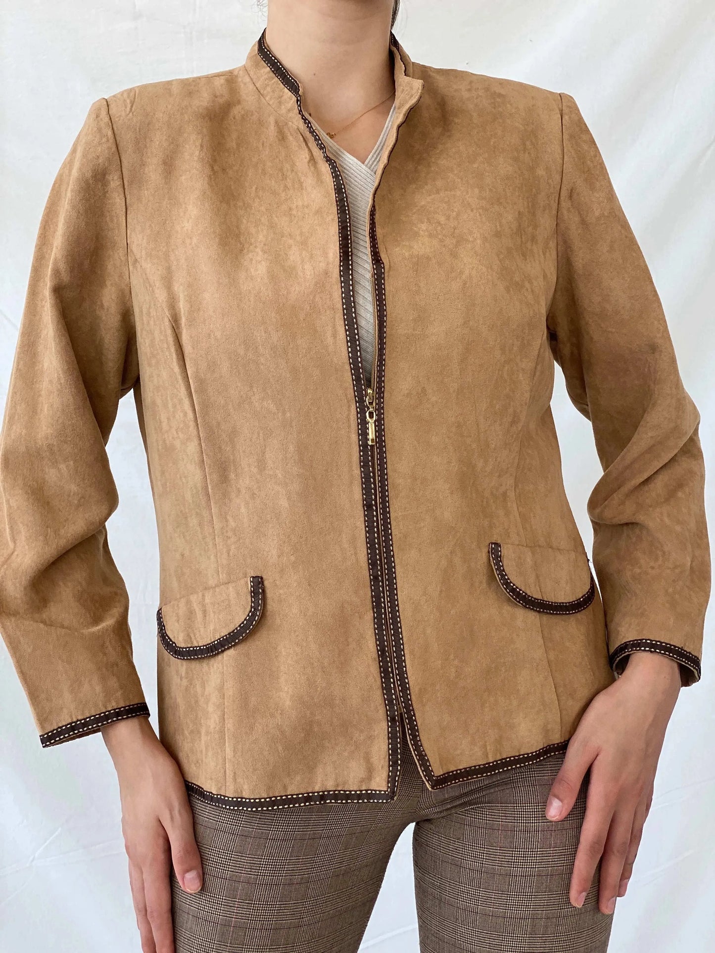Perceptions New York Beige Fitted Zip Up Brown Trim Light Jacket - L - Balagan Vintage Blazer 90s, blazer, Coats&Jackets, full sleeve blazer, Mira, winter, Women's Blazers