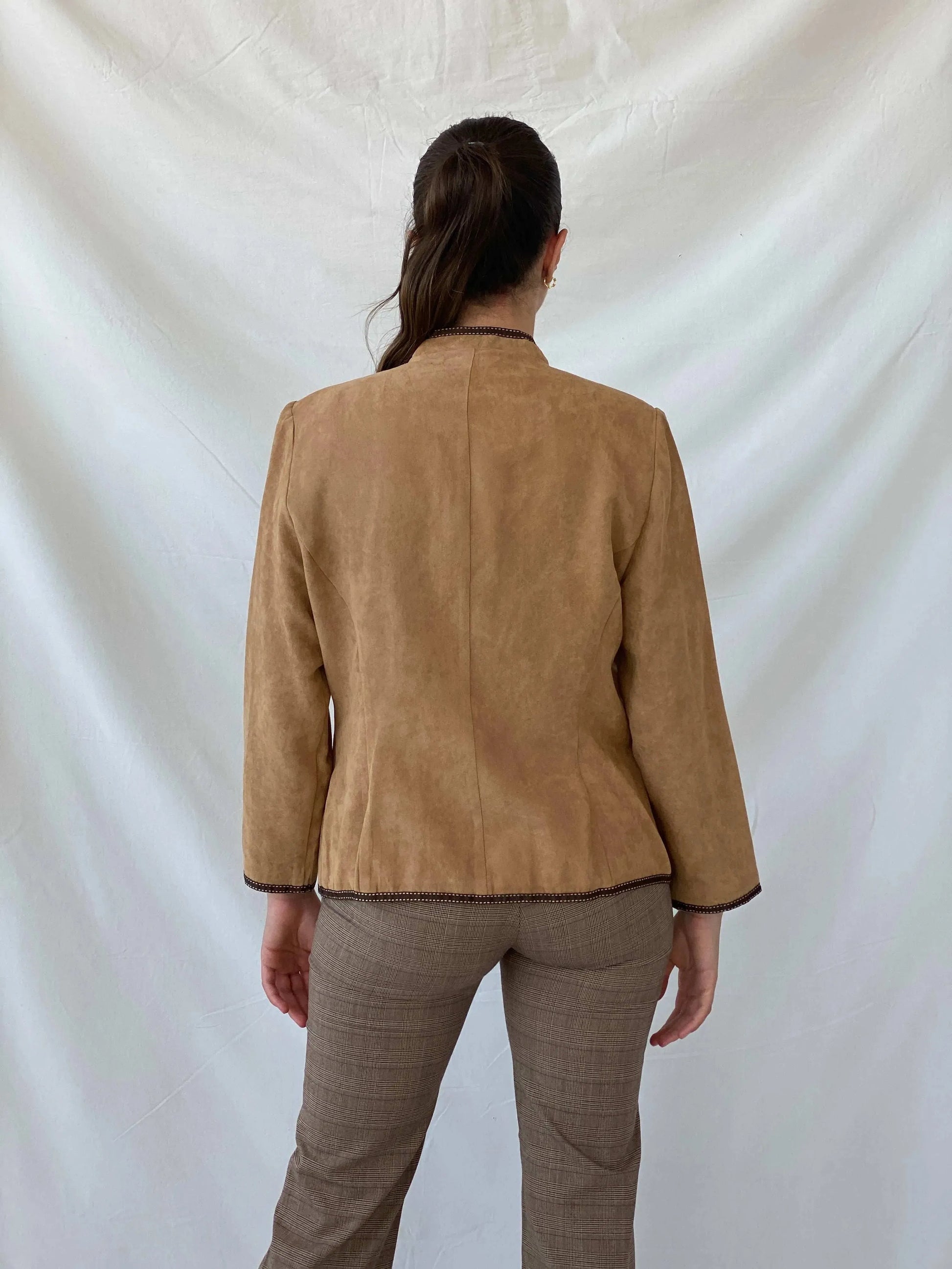 Perceptions New York Beige Fitted Zip Up Brown Trim Light Jacket - L - Balagan Vintage Blazer 90s, blazer, Coats&Jackets, full sleeve blazer, Mira, winter, Women's Blazers